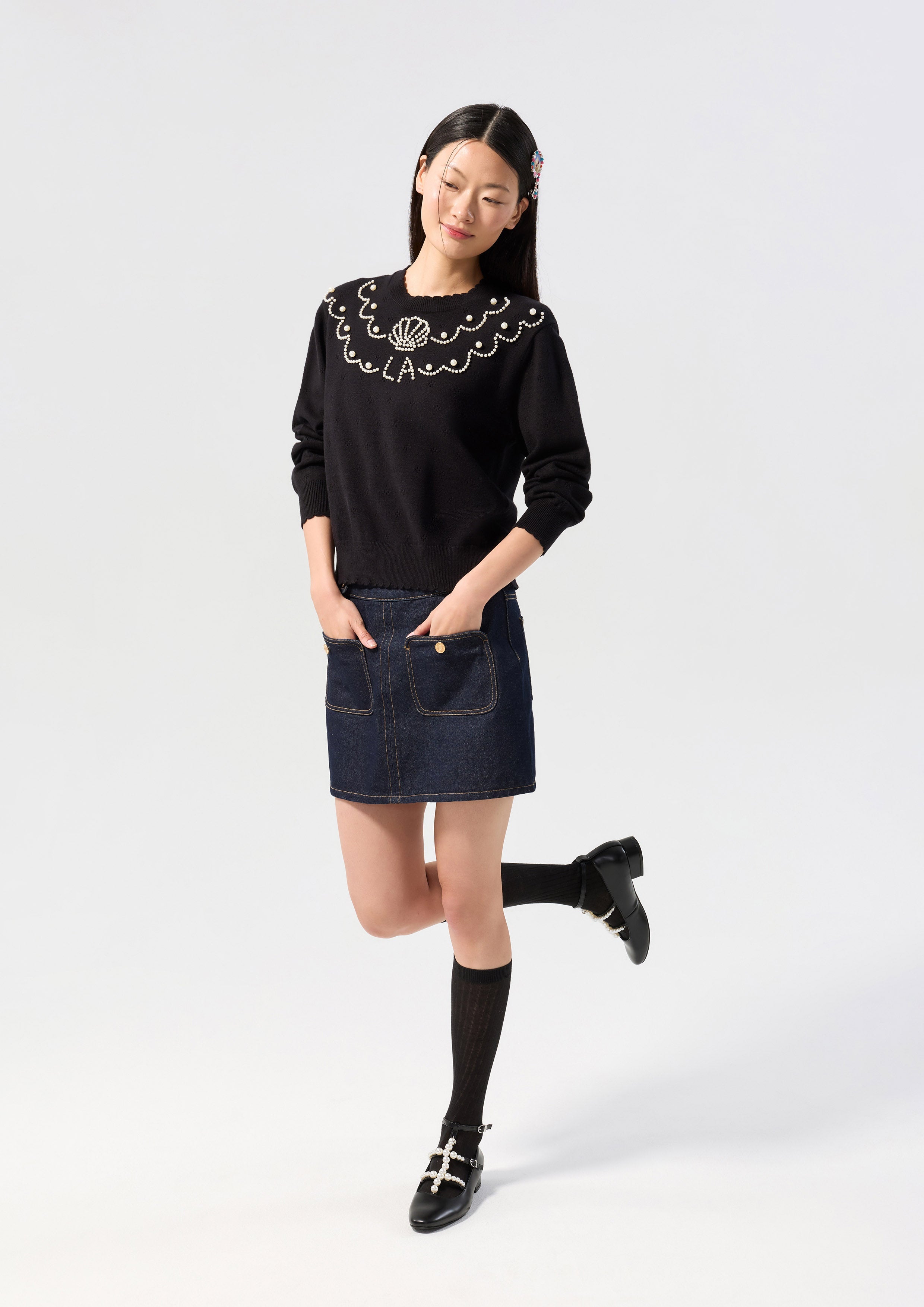 Pearl Bead Embellished Long Sleeve Pullover Oasis