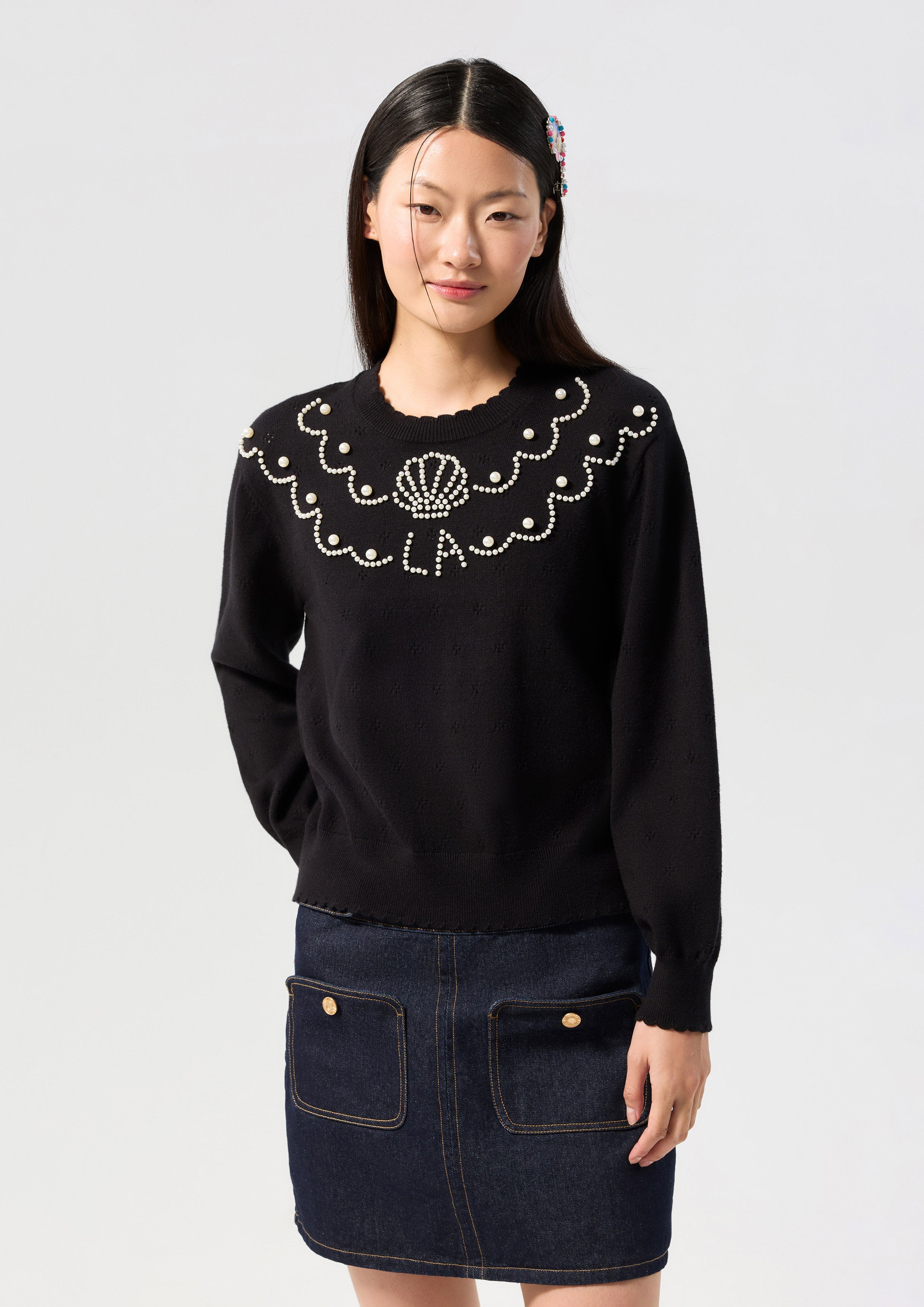 Pearl Bead Embellished Long Sleeve Pullover Oasis
