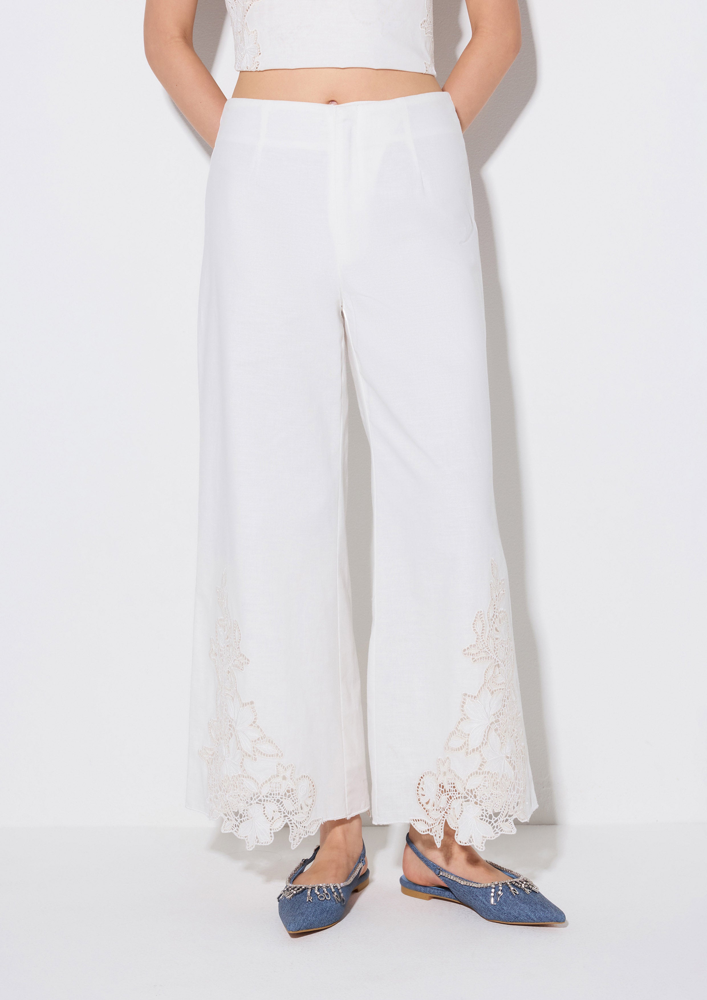 Floral Laser Cut Wide Leg Trousers Weekender
