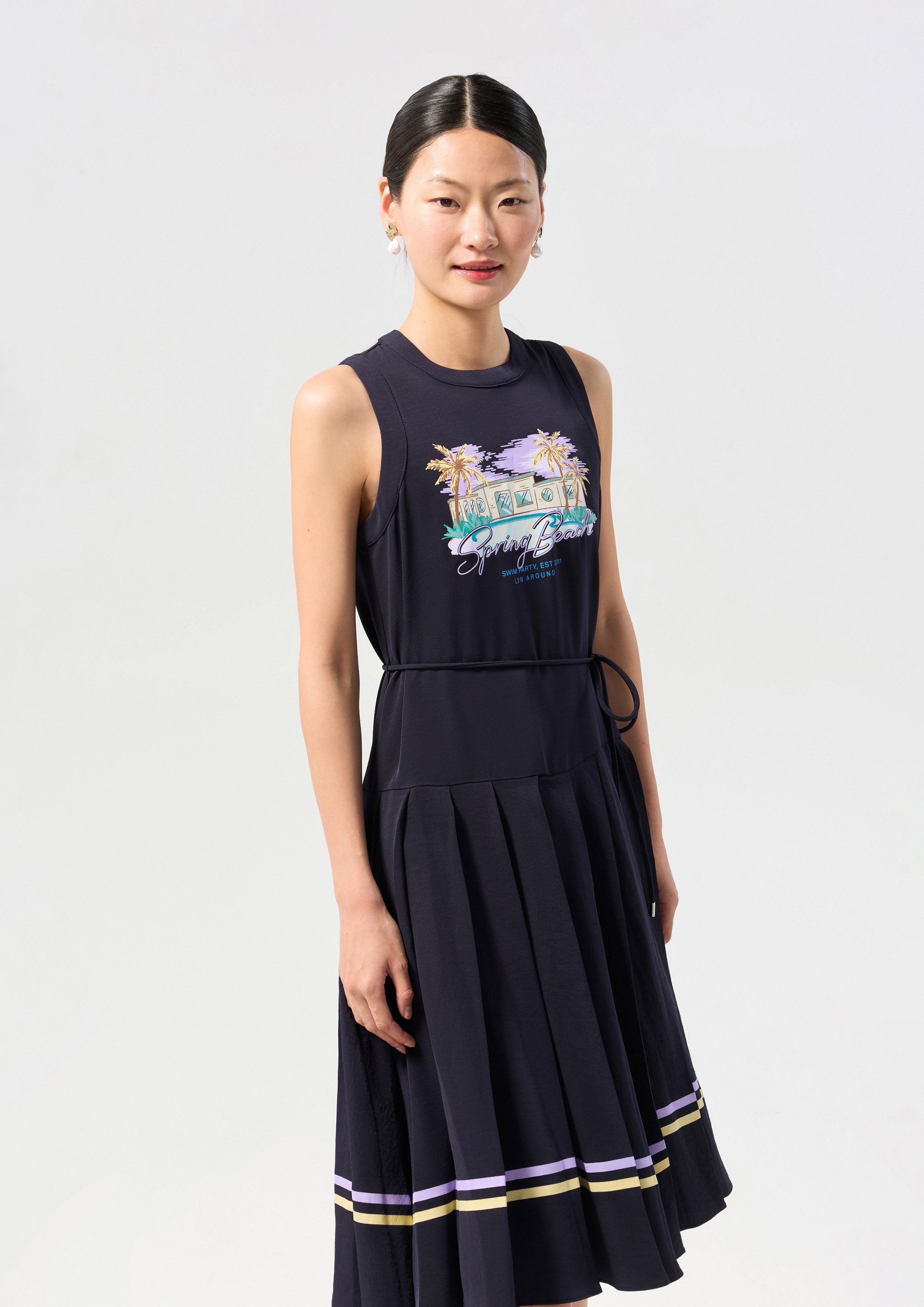 Print Pleated Skirt Midi Dress Palm Spring