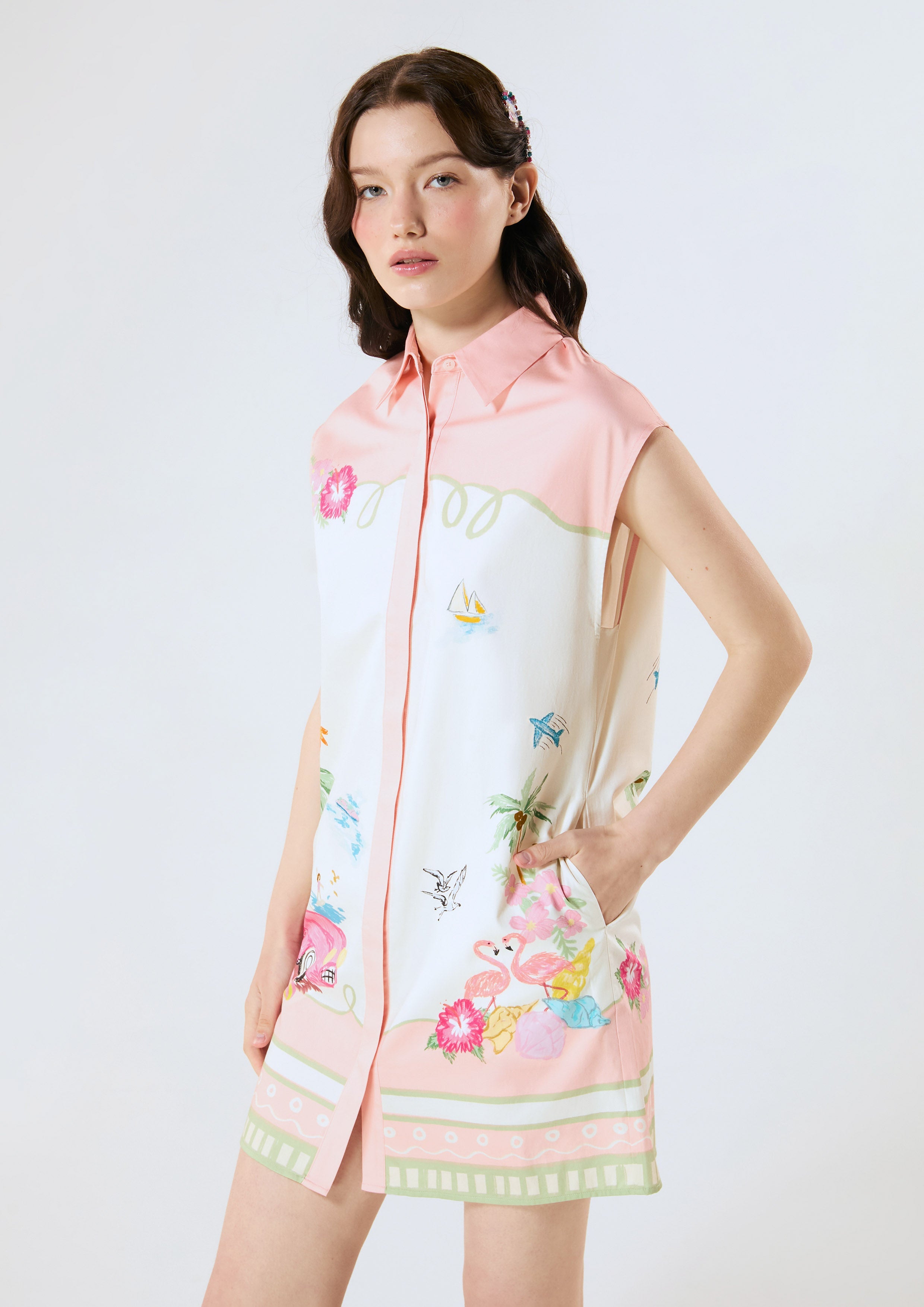 Print Sleeveless Shirt Dress Palm Spring