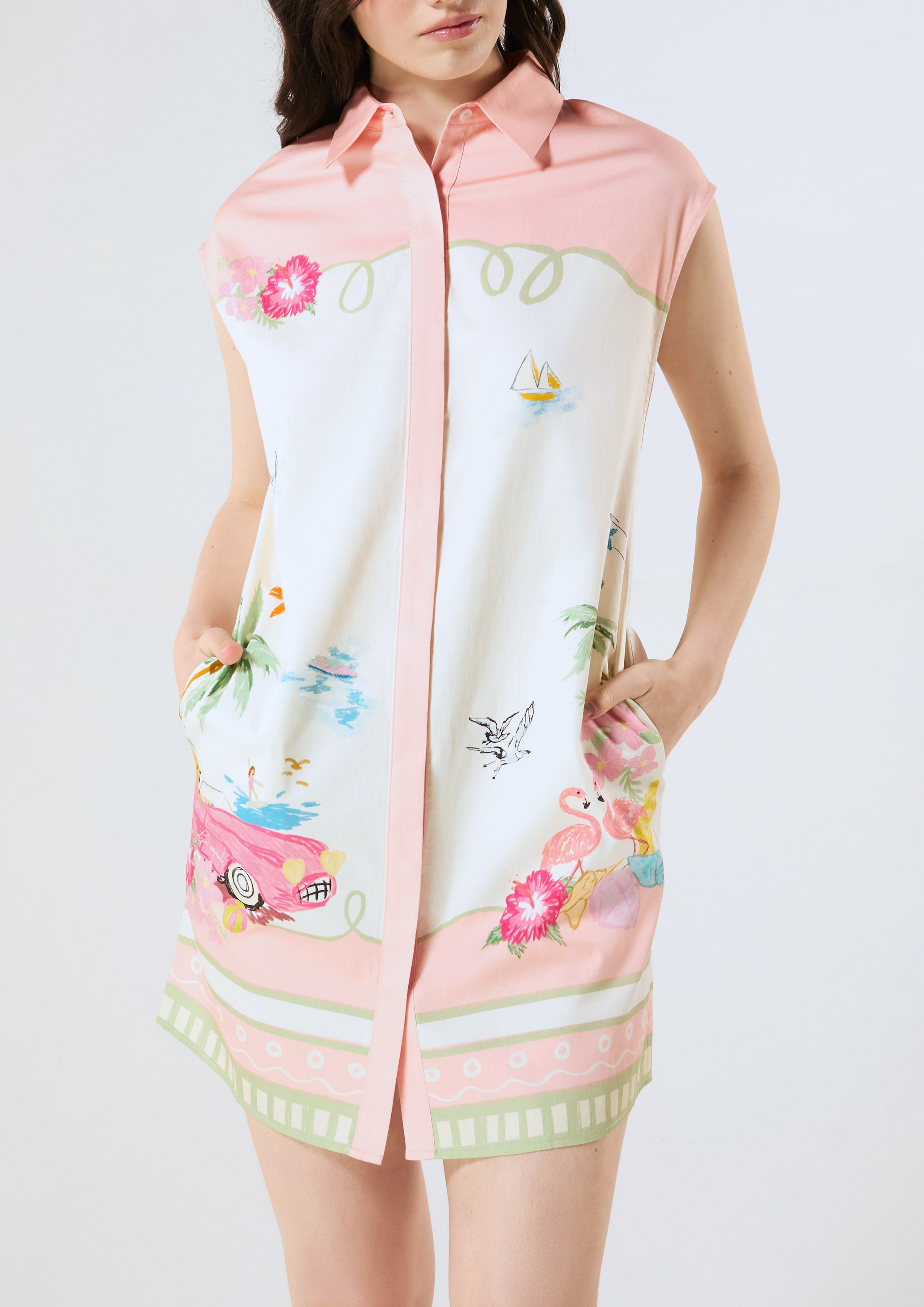 Print Sleeveless Shirt Dress Palm Spring
