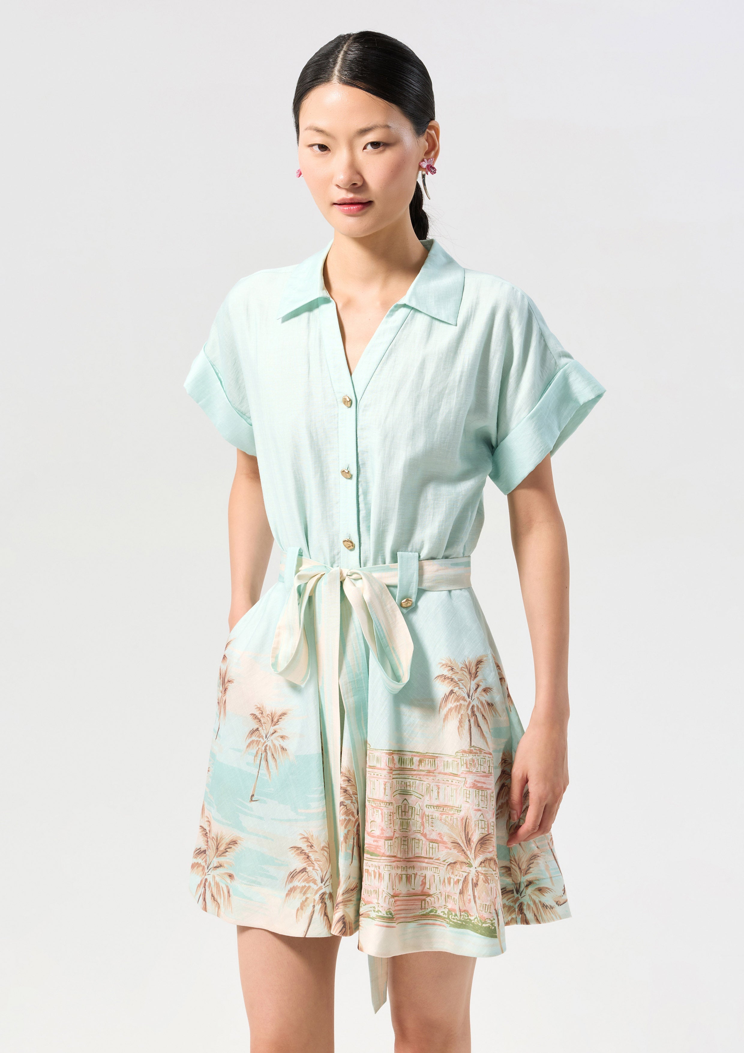 Print Mini Dress With Waist Tie Palm Spring