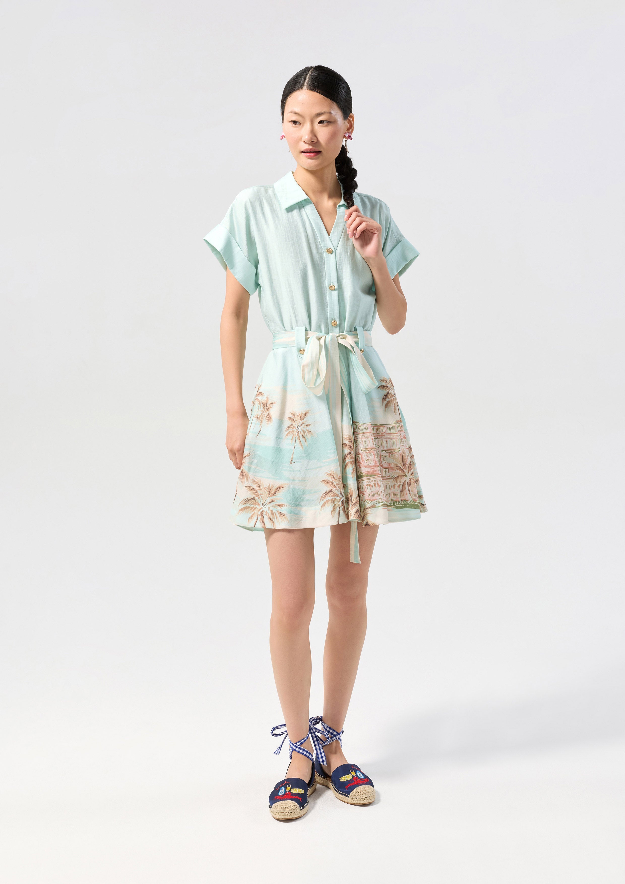 Print Mini Dress With Waist Tie Palm Spring