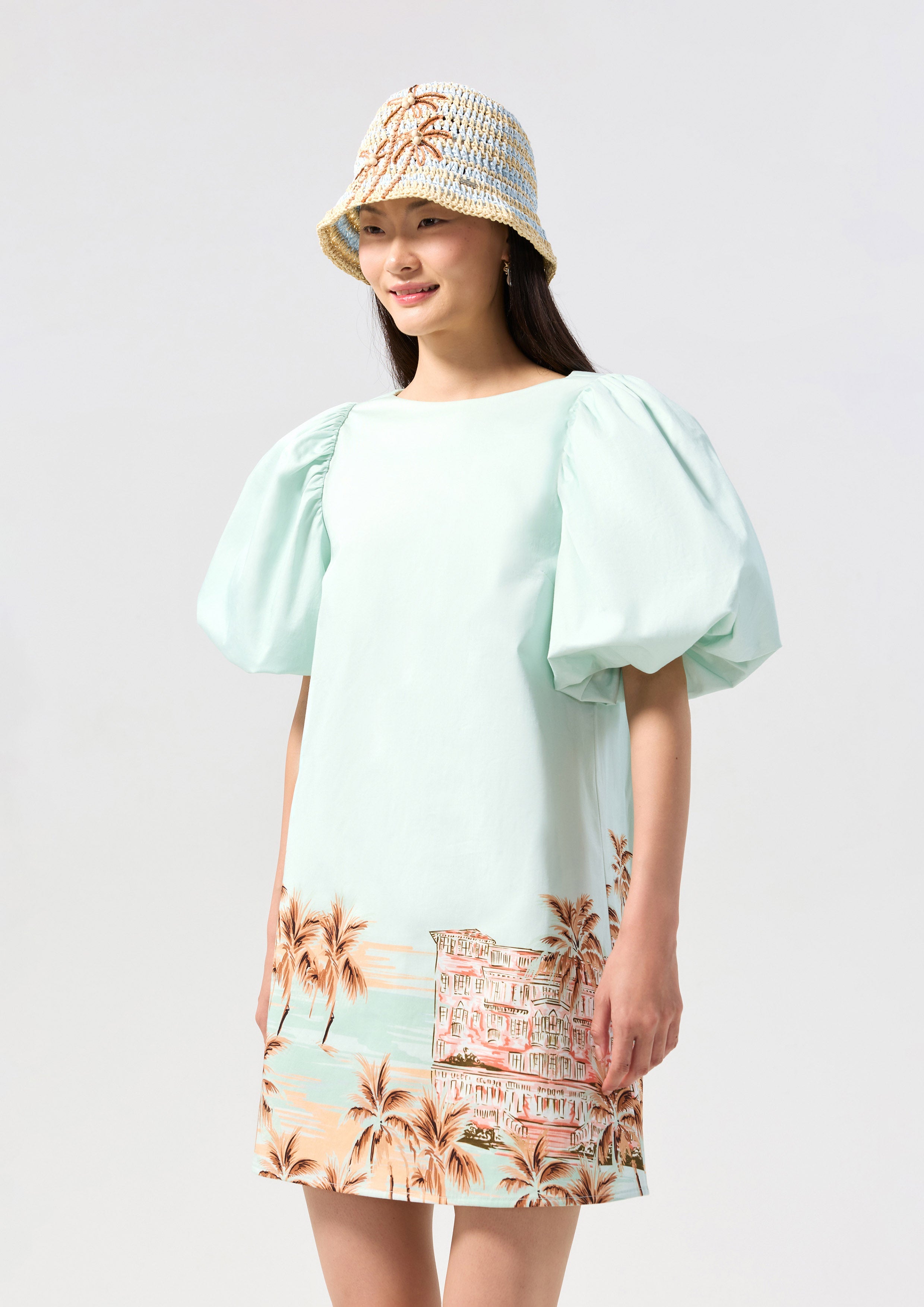 Print Puff Sleeve Mini Dress Palm Spring