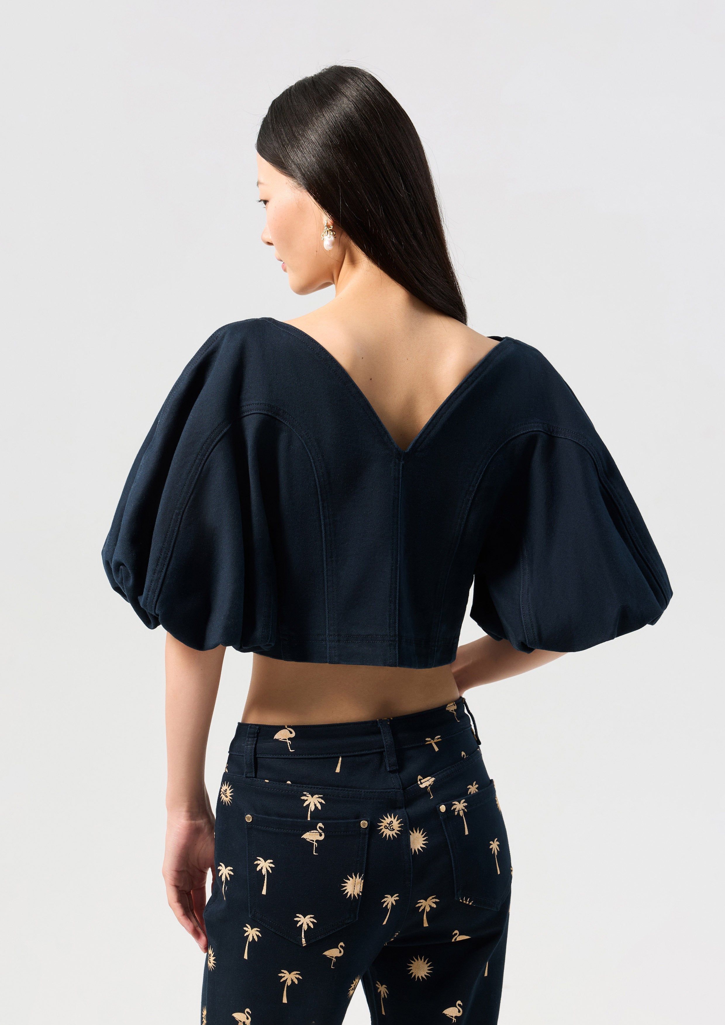 Metal Button Crop Puff Sleeve Blouse Palm Spring