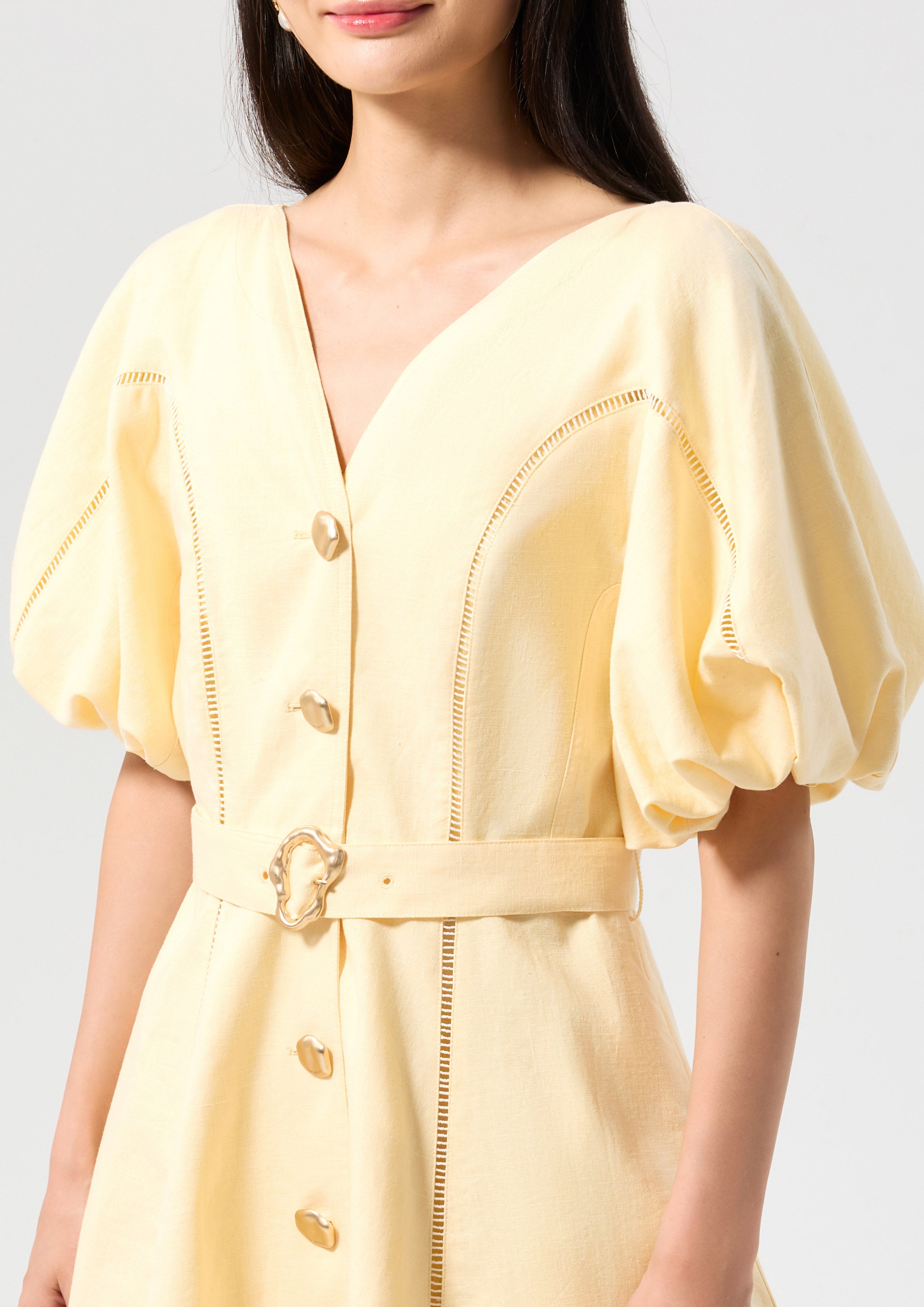 Puff Sleeve Mini Dress With Belt Palm Spring