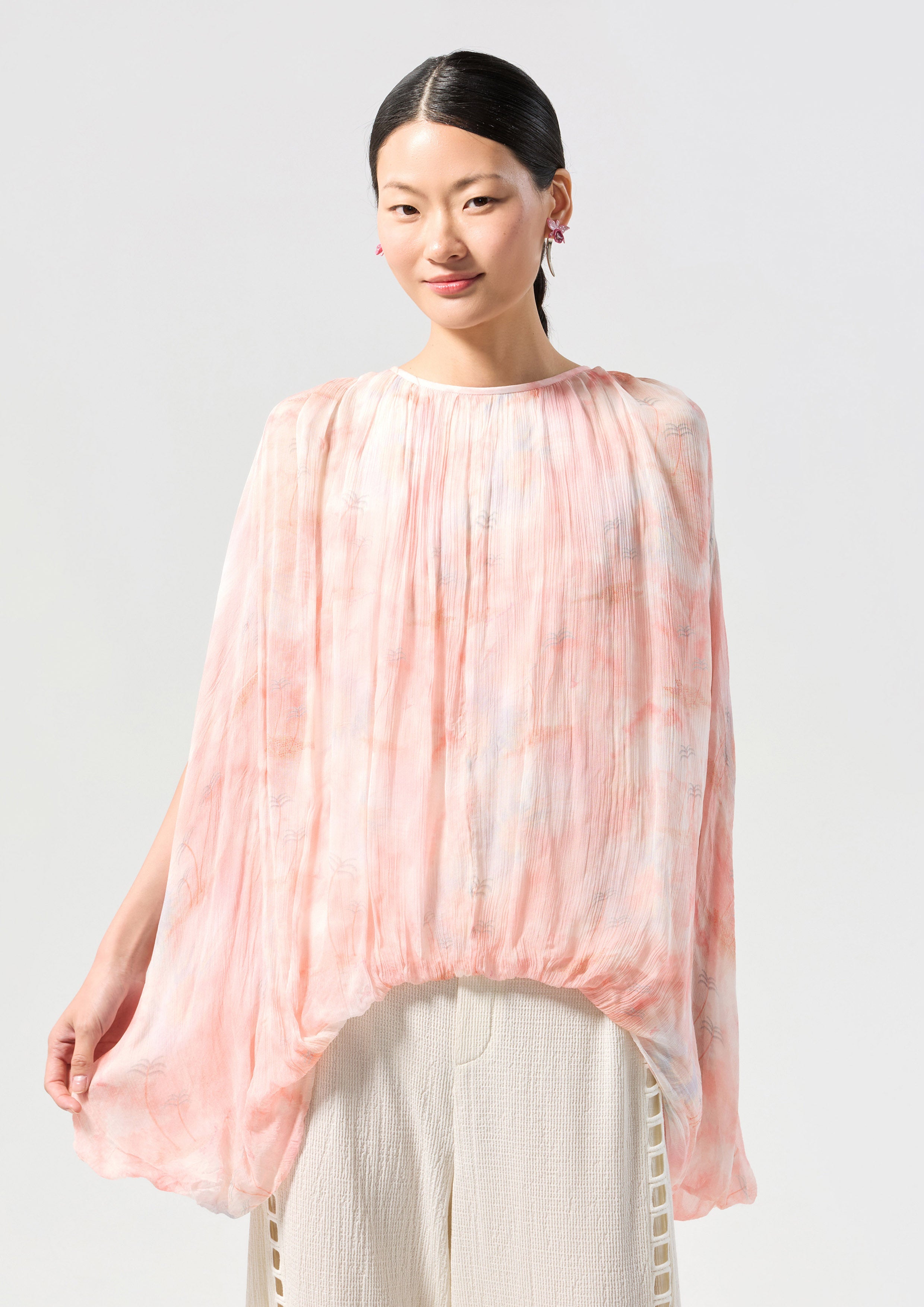 Print Pleated Long Sleeve Blouse Oasis