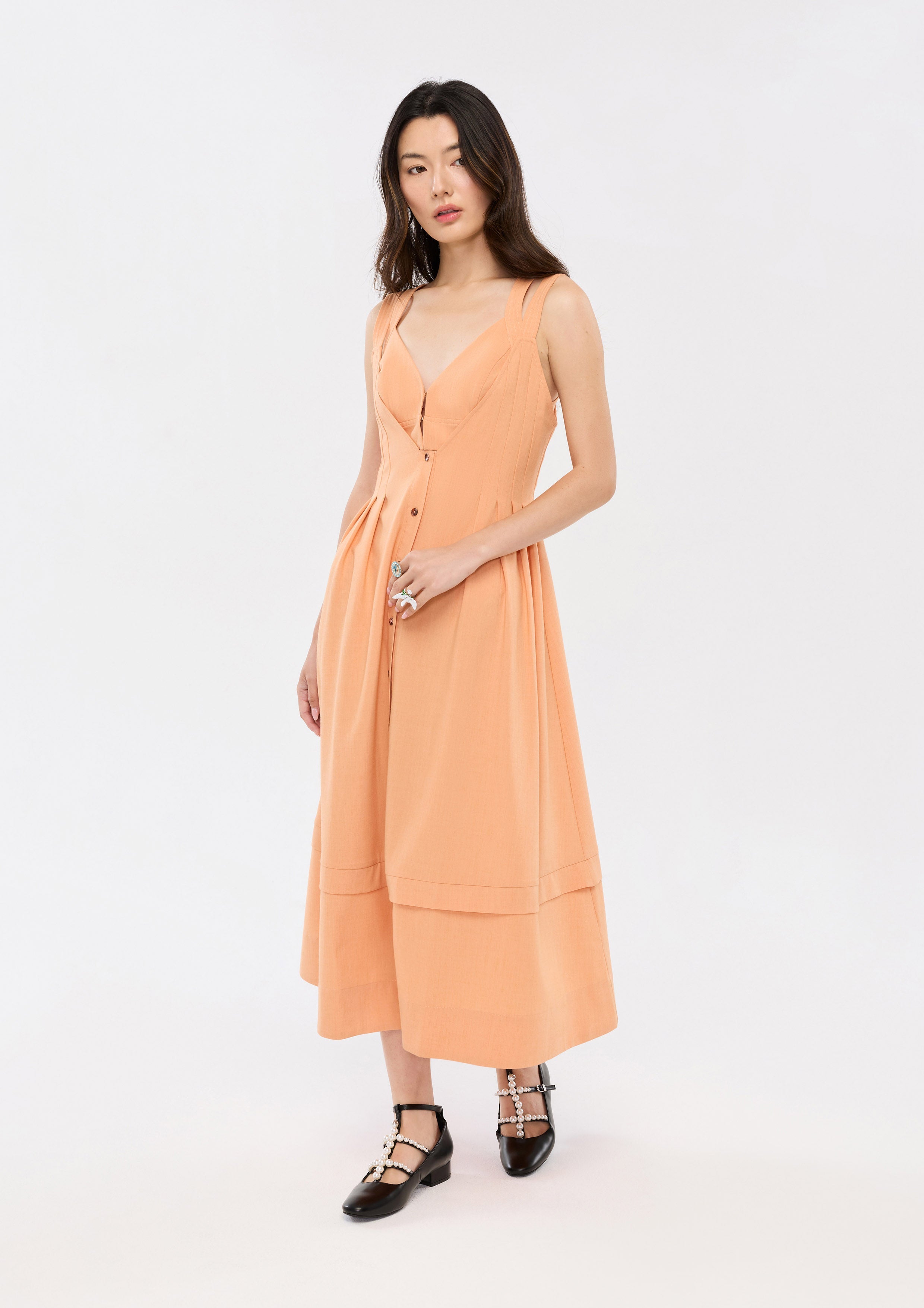 Layered V Neck Button Midi Dress Oasis