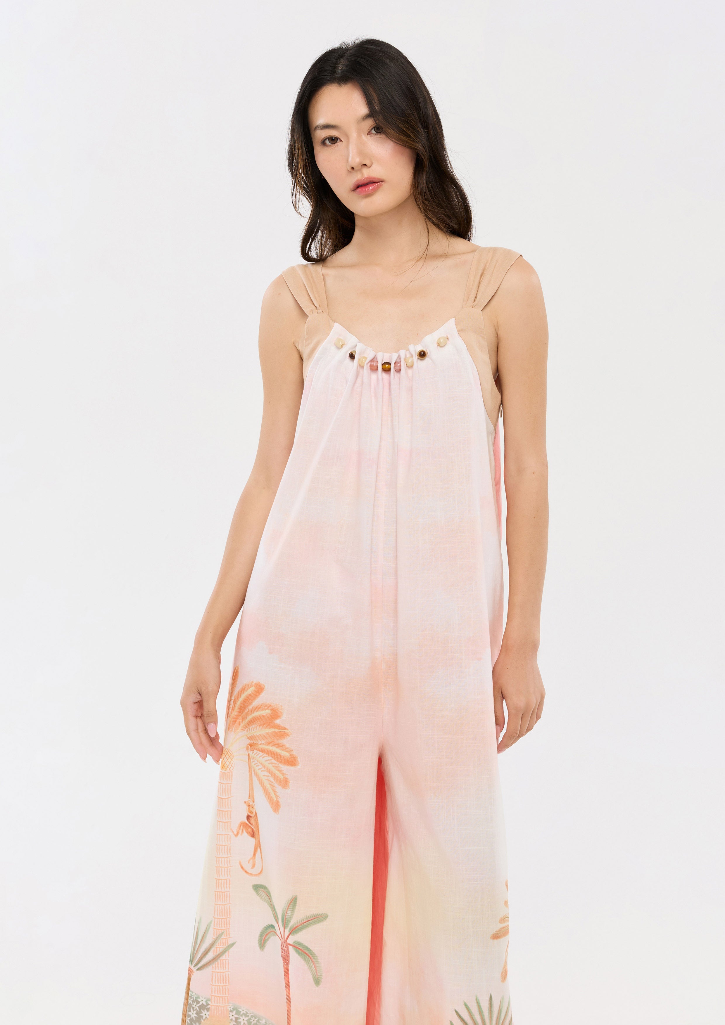 จัมพ์สูทพิมพ์ลายตกแต่งลูกปัดมุก คอลเลกชัน Oasis