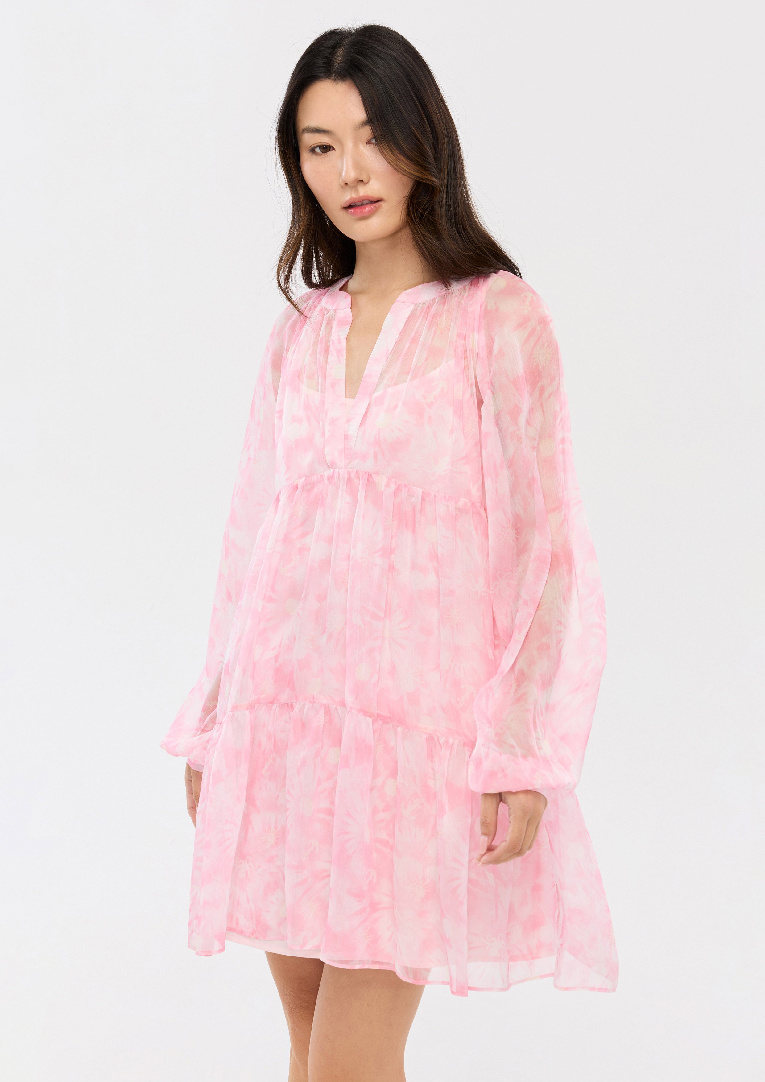 Print Sheer Tiered Skirt Mini Dress Oasis