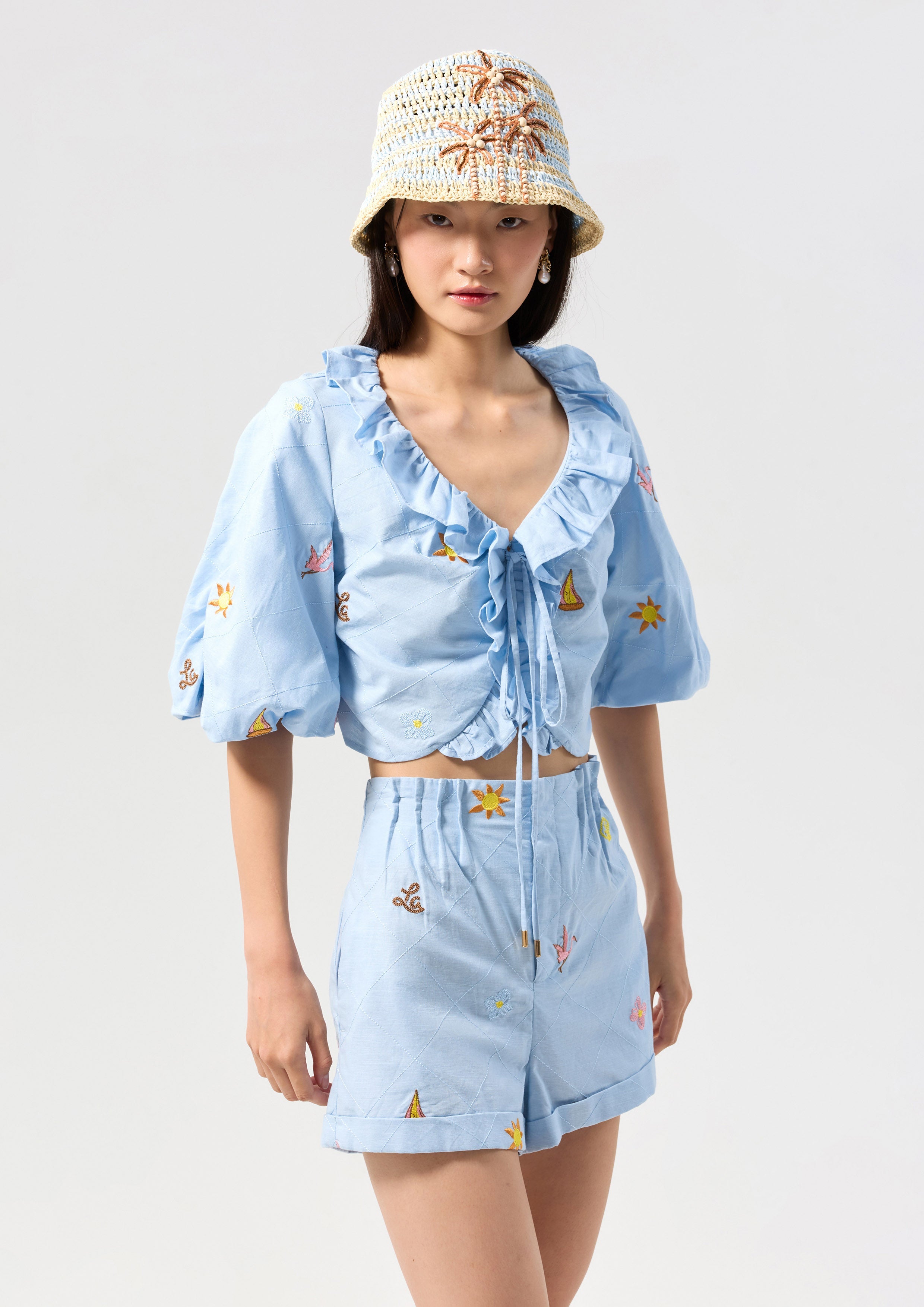 Print Frill Trim Crop Blouse Palm Spring