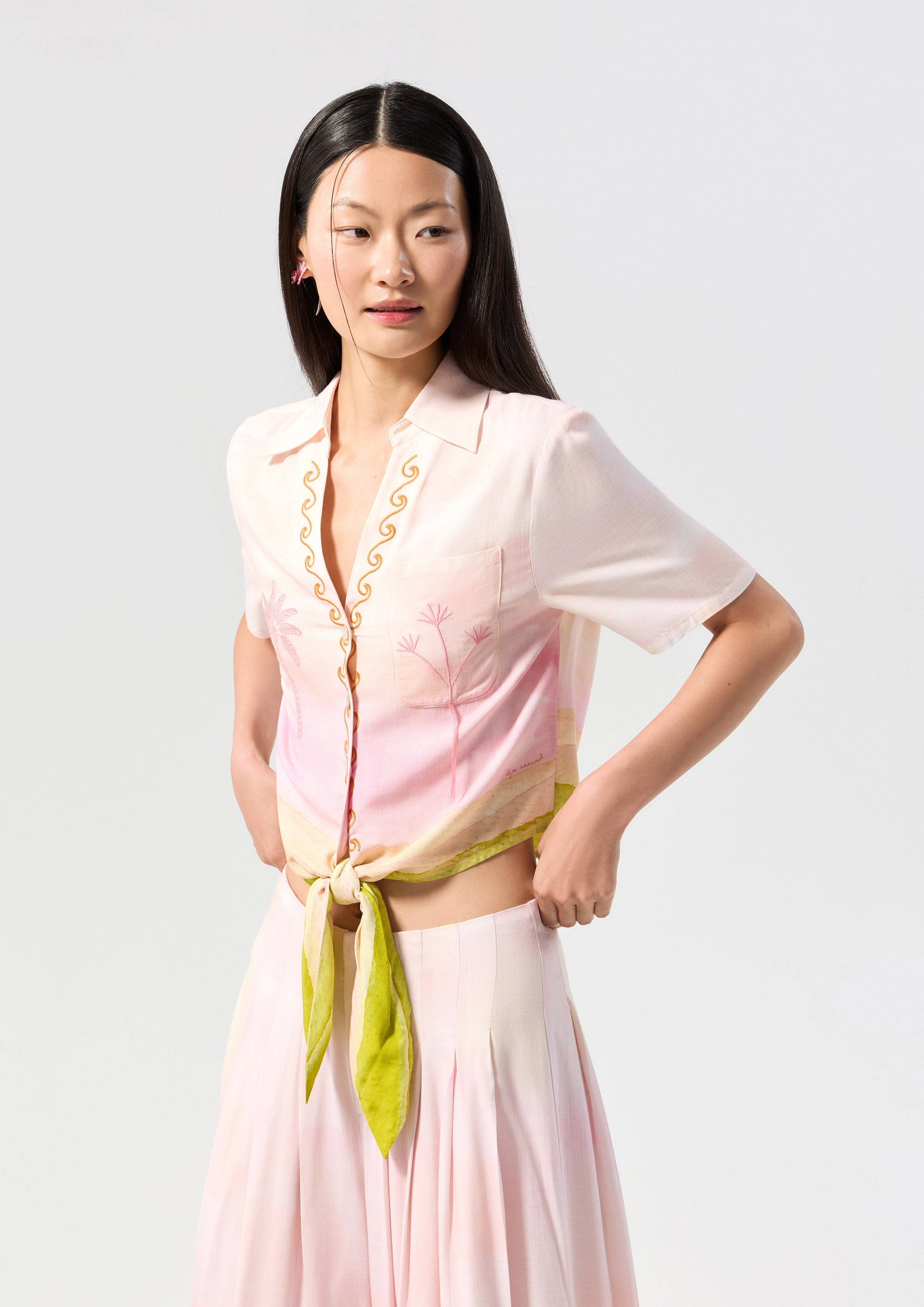 Print Waist Tie Short Sleeve Shirt Oasis