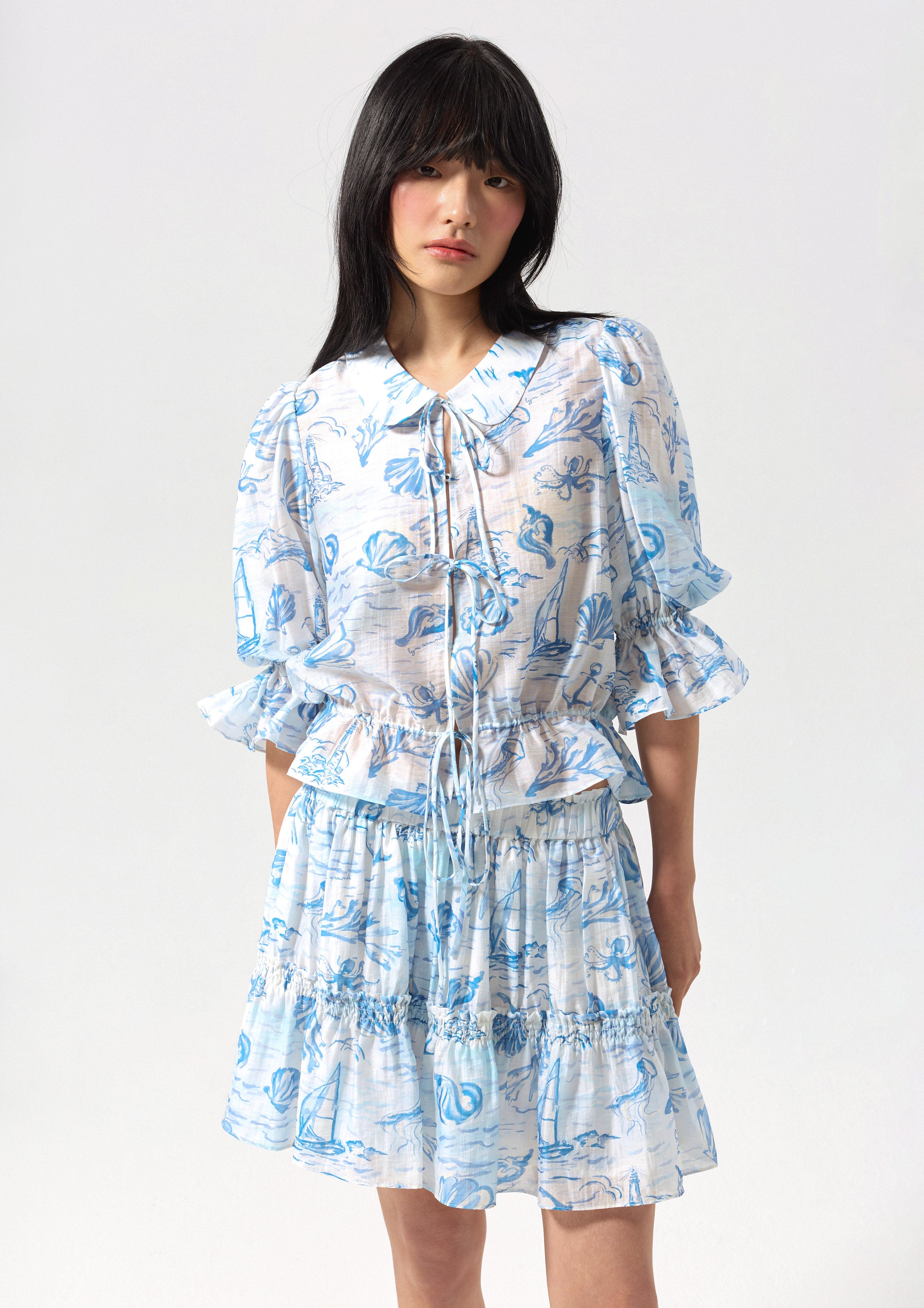 เสื้อเบลาส์ผ้าเชียร์พิมพ์ลาย คอลเลกชัน Califonia Yacht Club