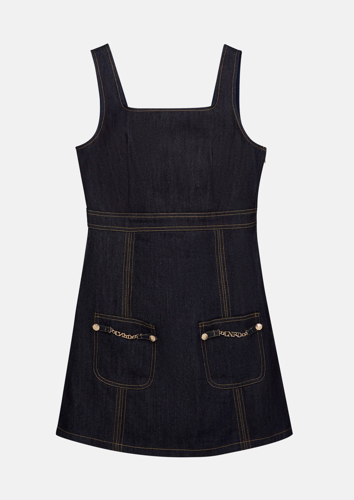 เดรสสั้นเดนิมฝีตะเข็บคอนทราสต์ คอลเลกชัน Basic Denim