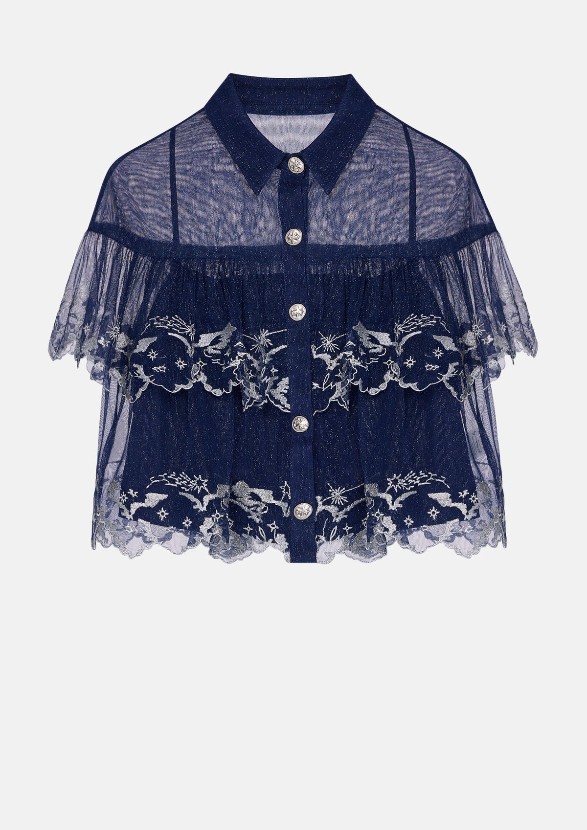 เสื้อแขนสั้นผ้าเชียร์กลิตเตอร์แต่งลายปัก คอลเลกชัน In Dream's Orbit