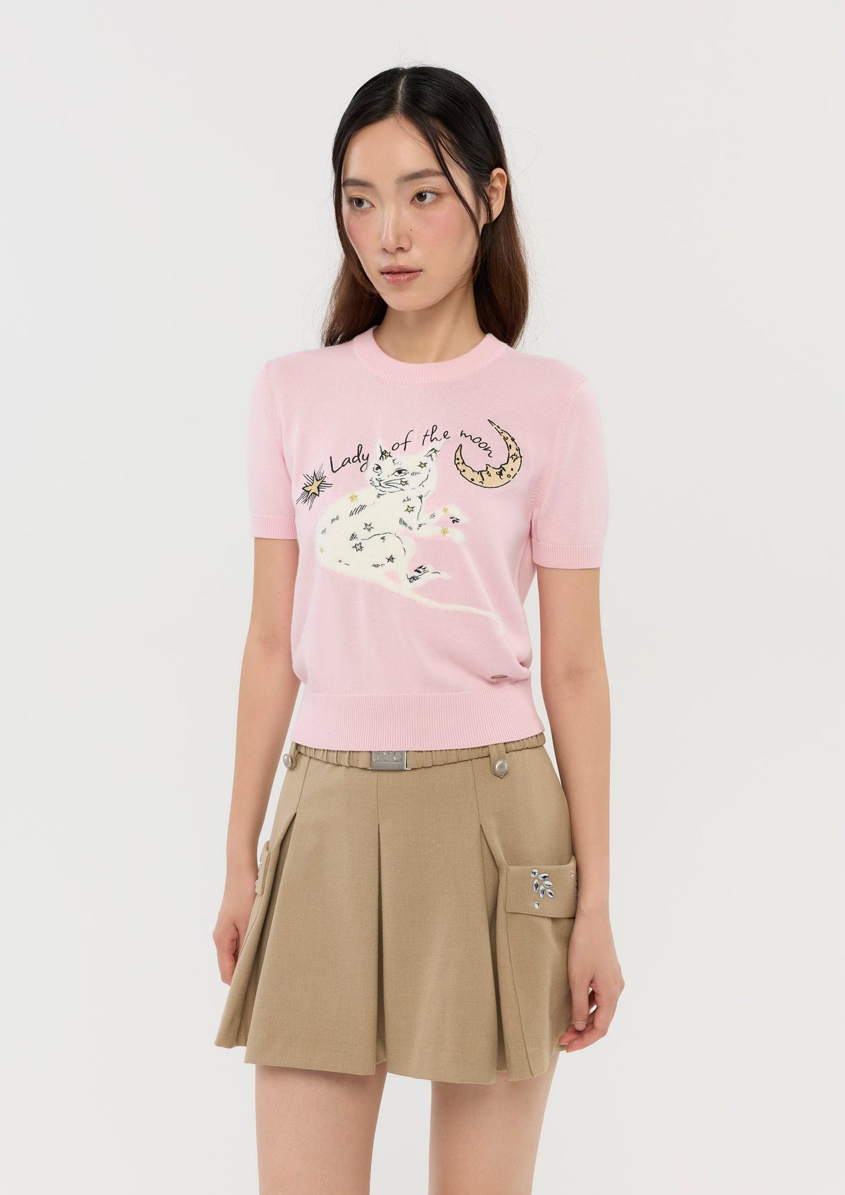 Embroidered Knitted Short Sleeve Top In Dream's Orbit