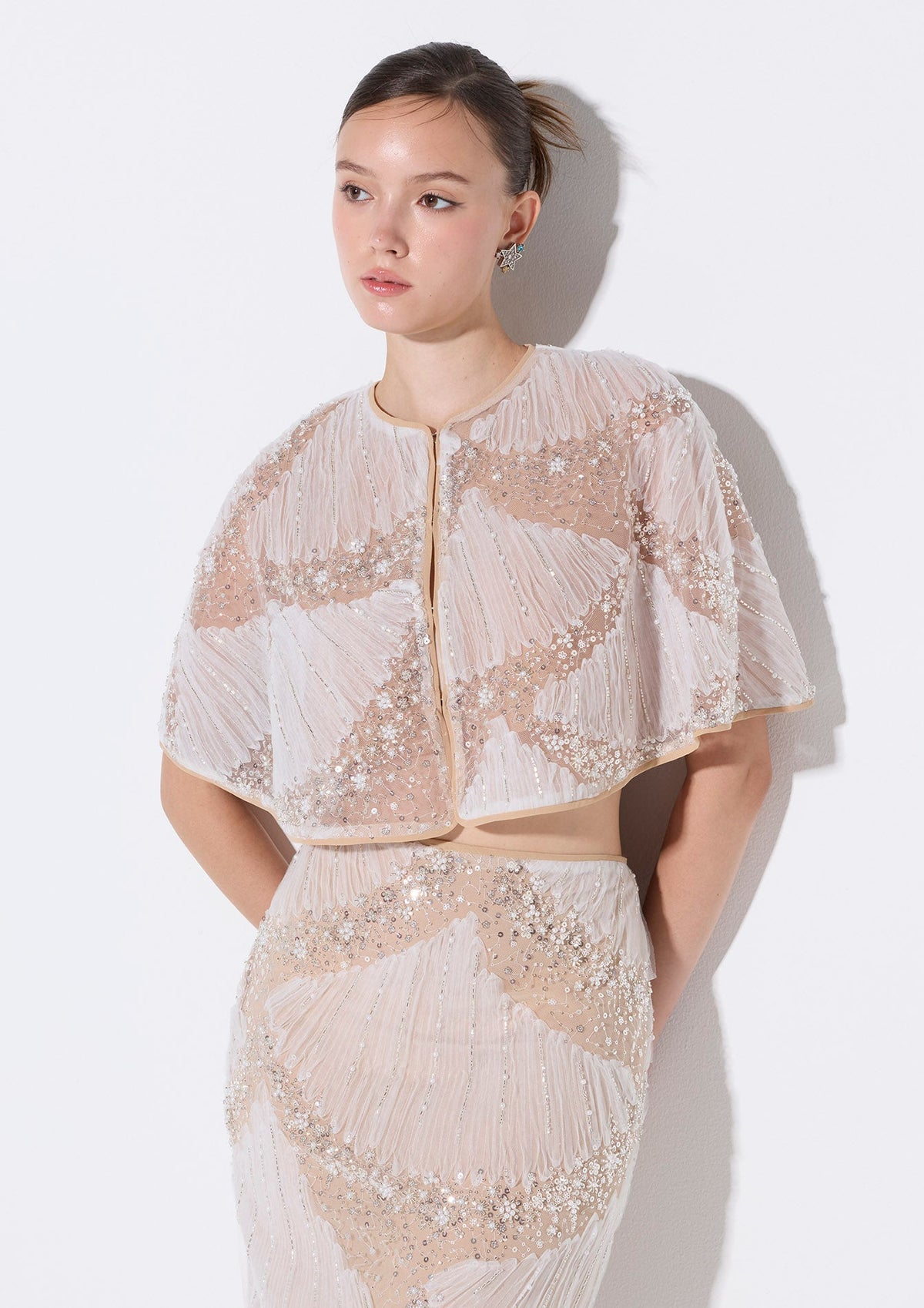 Sequin With Crystal Embellished Cape Jacket Crystal Habit