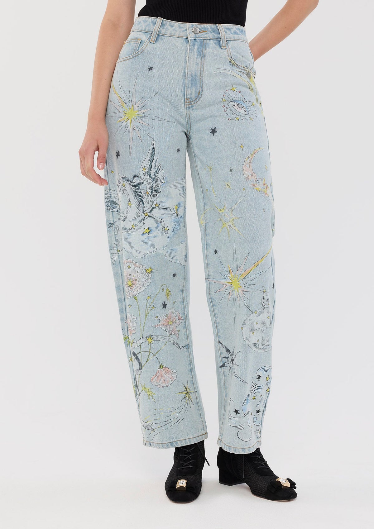 Star Zodiac Wide Leg Denim Pants