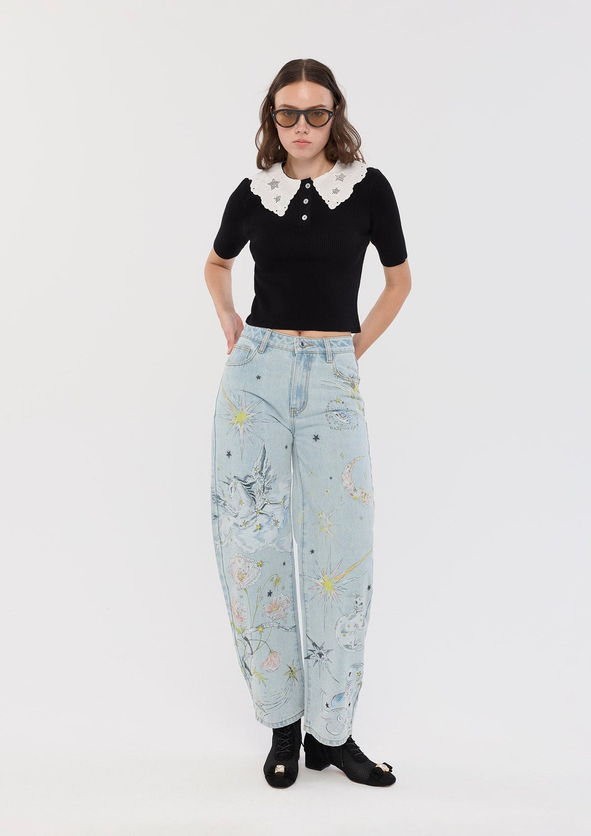 Star Zodiac Wide Leg Denim Pants