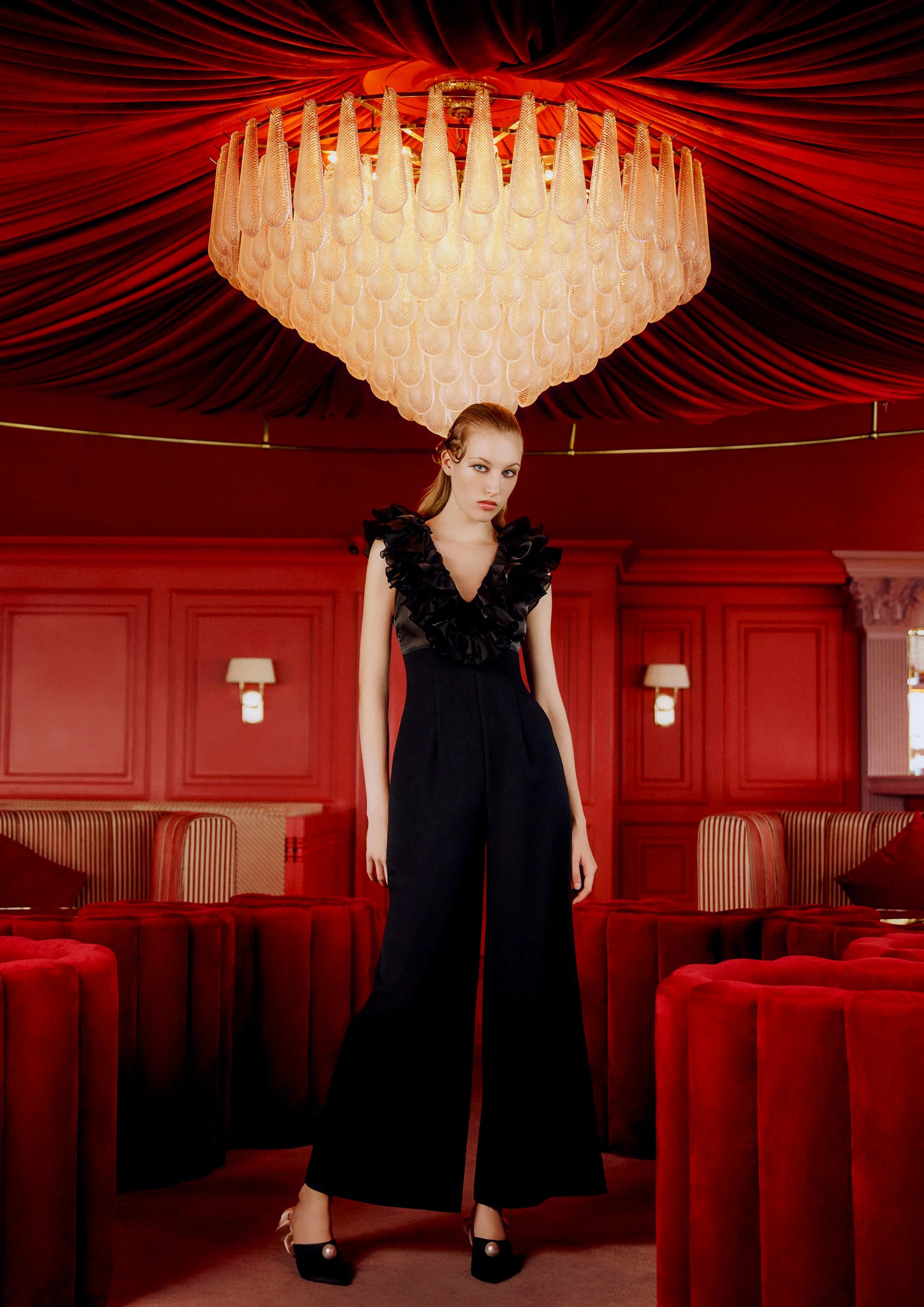 Flared Wide-Leg Ruffle Sleeveless Top Jumpsuit Retro Rewind Collection
