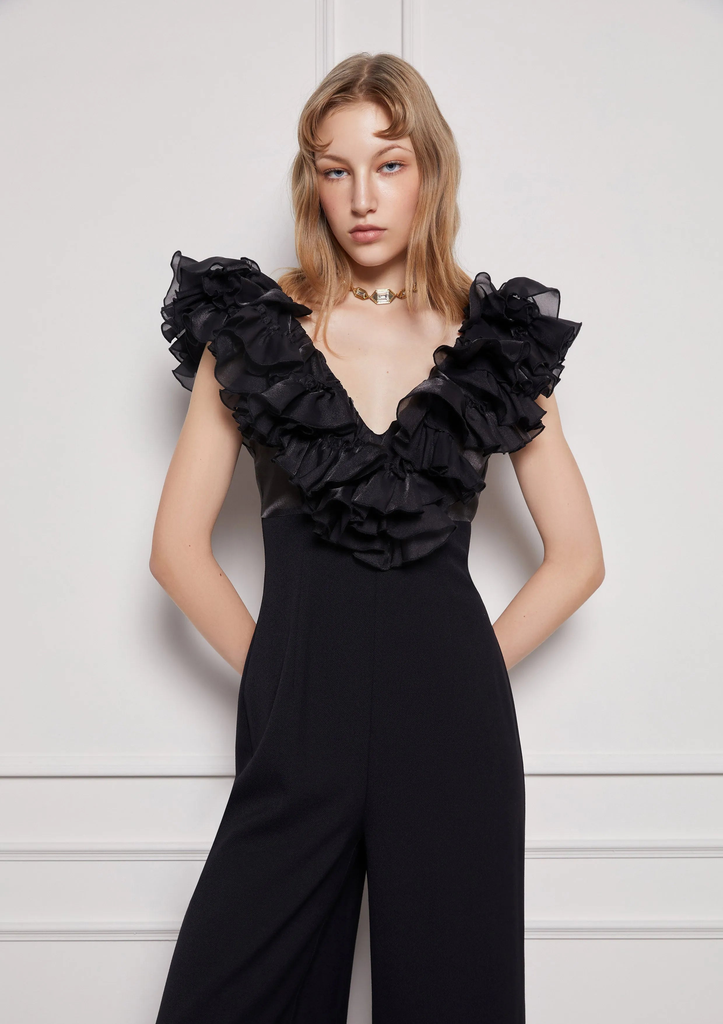 Flared Wide-Leg Ruffle Sleeveless Top Jumpsuit Retro Rewind Collection