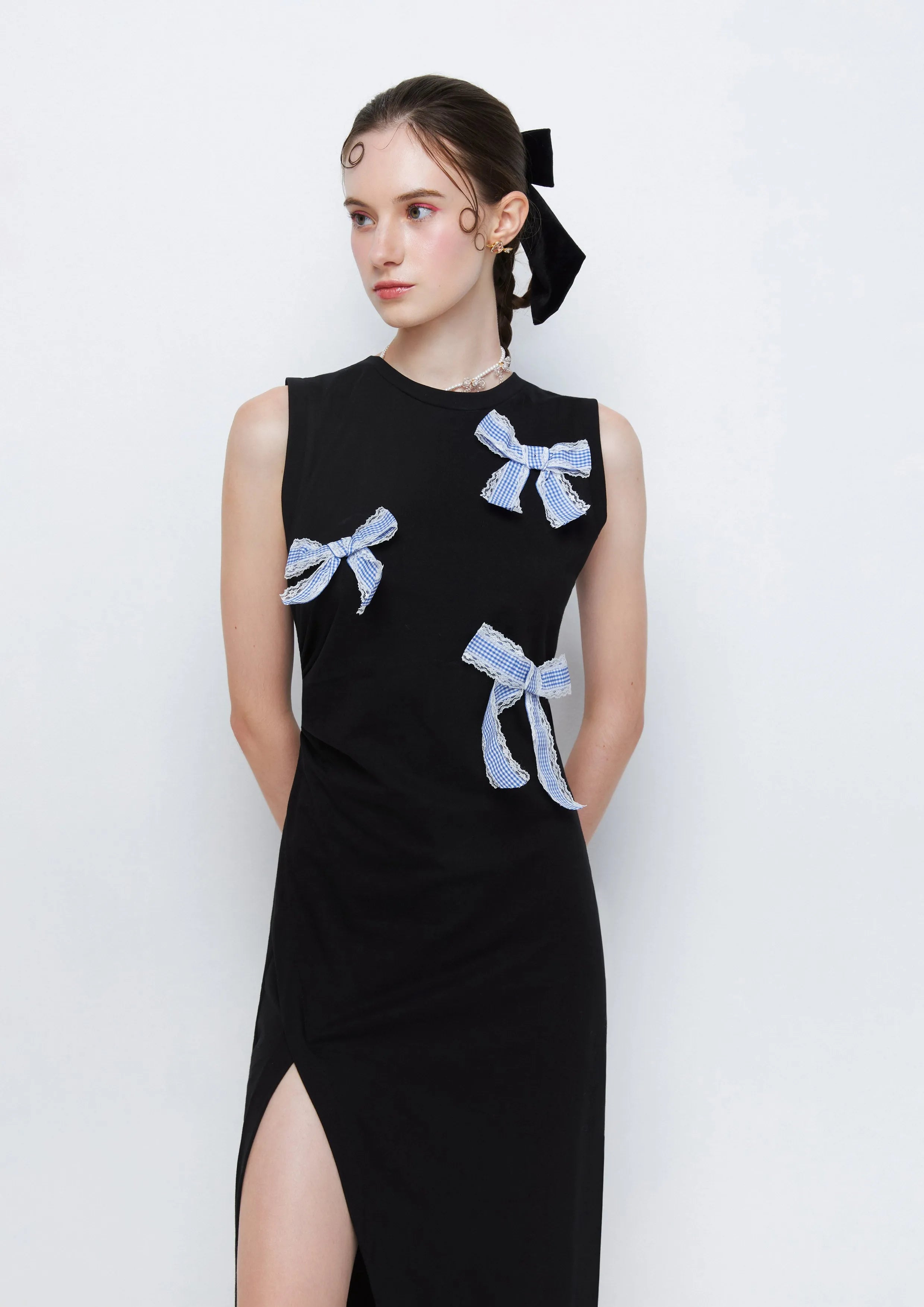 Lace Trimmed Bows Sleeveless Midi Dress Fluffy Dreamer Collection