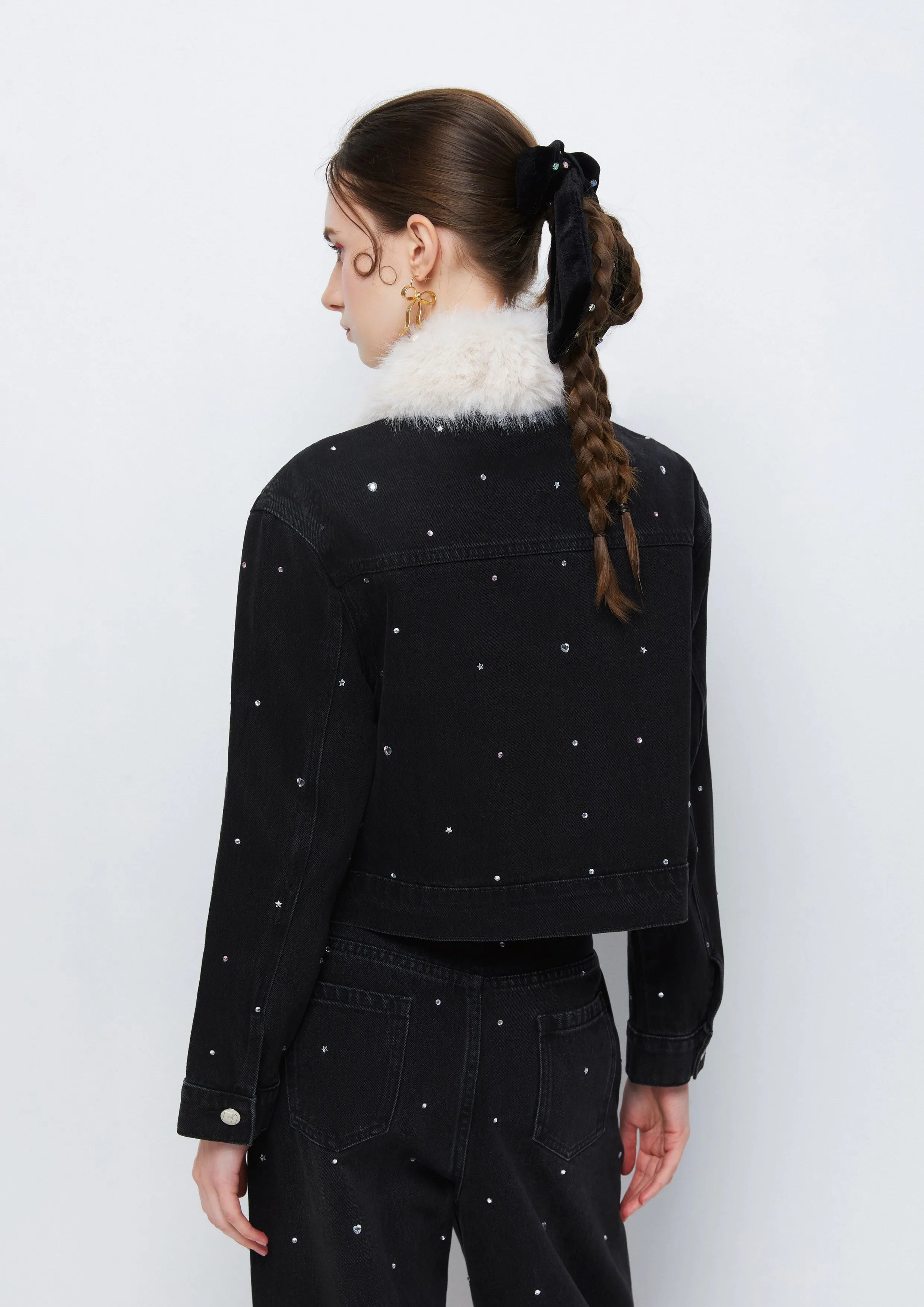 Metallic Stud Fur Collared Denim Jacket The Class of 2002 Collection