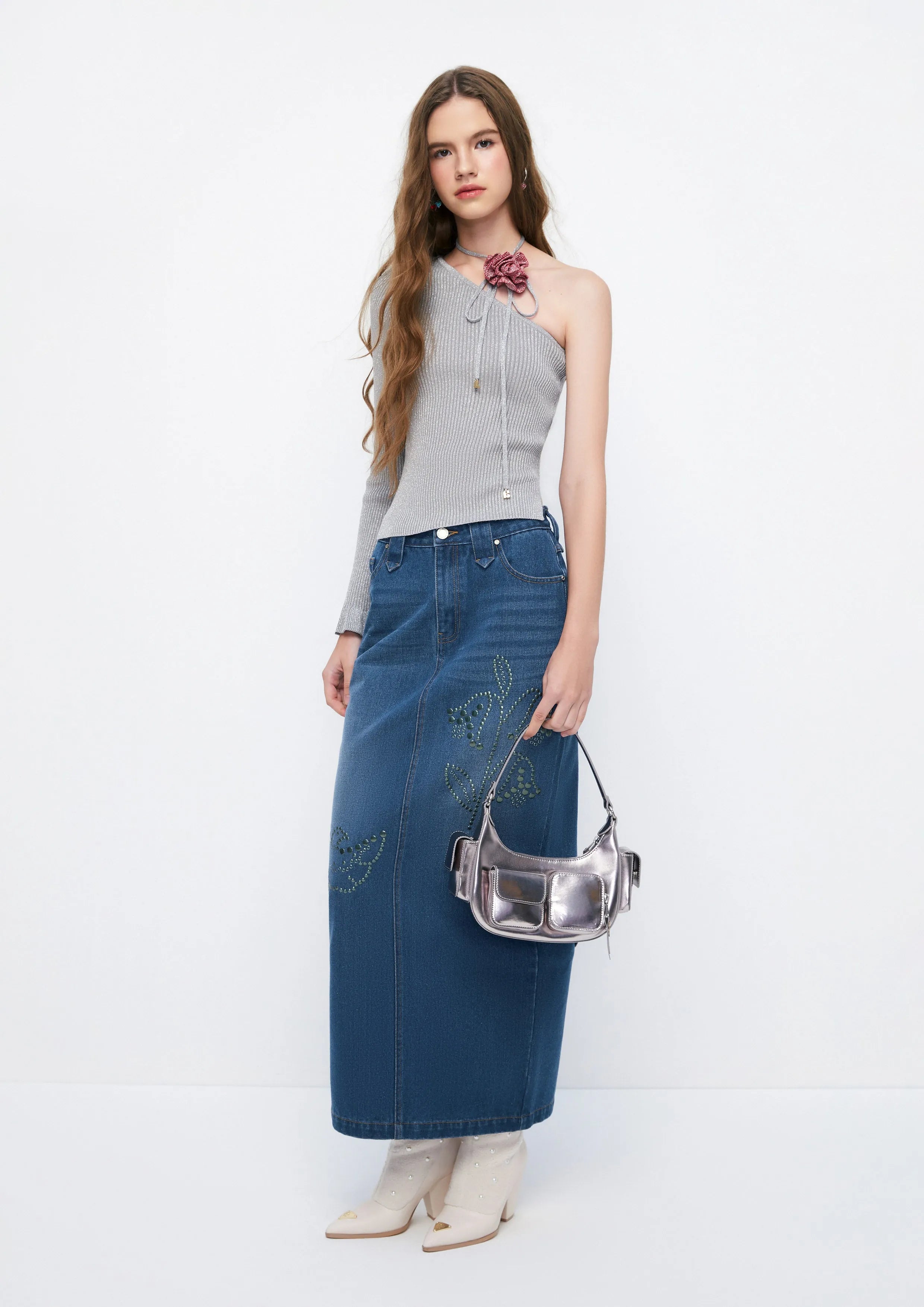 Floral and Songbird Metallic Stud Midi Pencil Skirt The Class of 2002 Collection