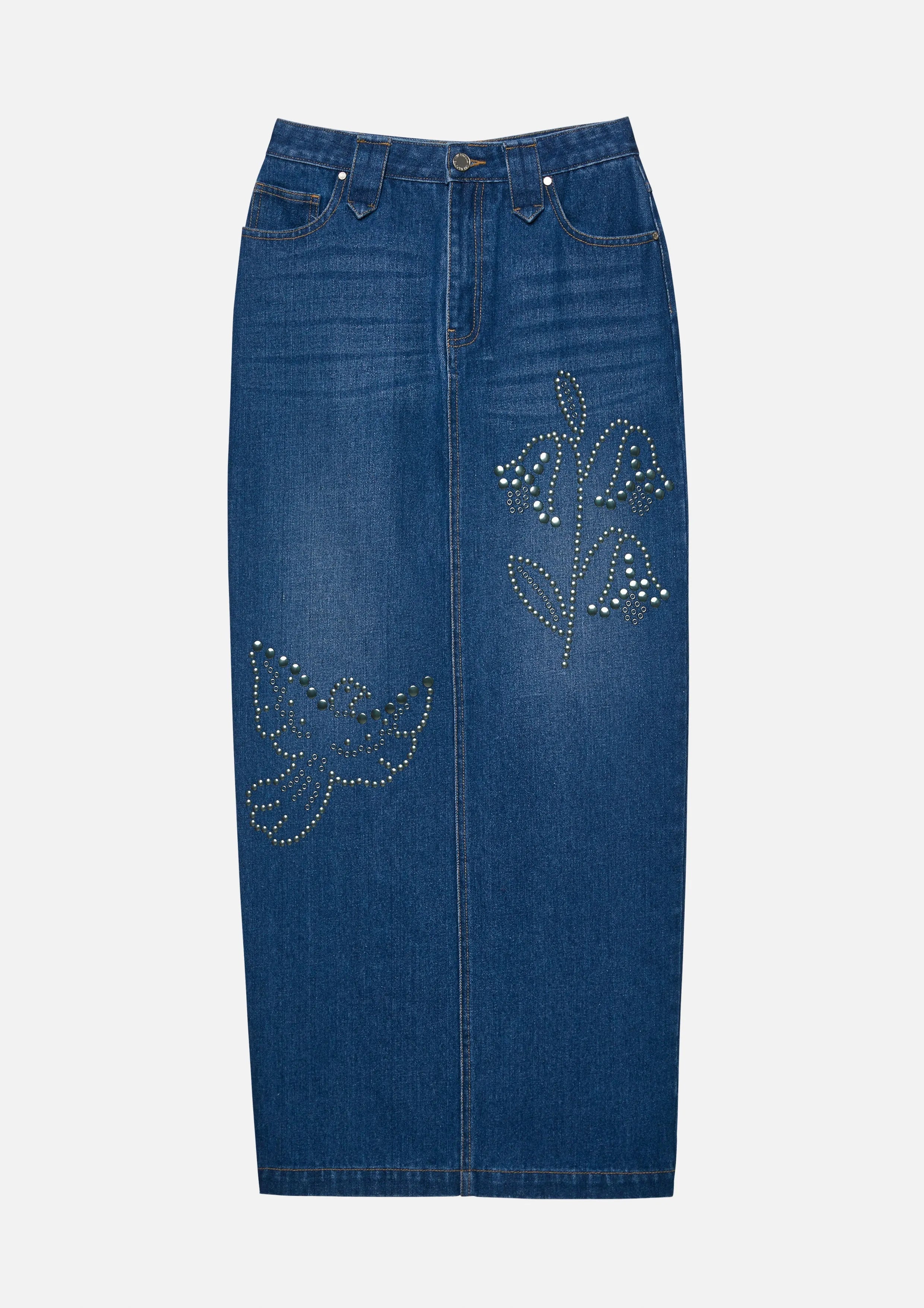 Floral and Songbird Metallic Stud Midi Pencil Skirt The Class of 2002 Collection