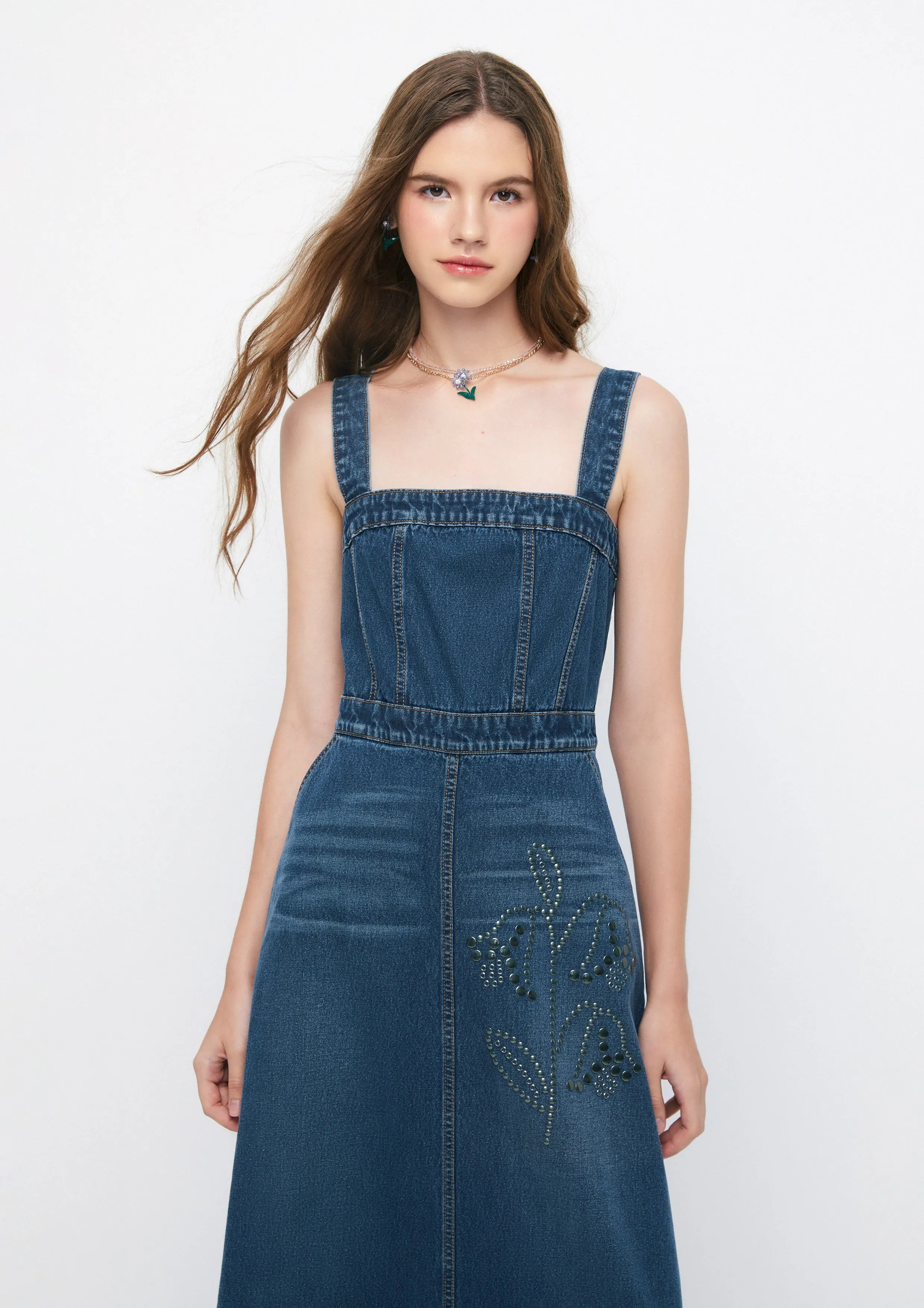 Floral Metallic Stud Denim Midi Dress The Class of 2002 Collection