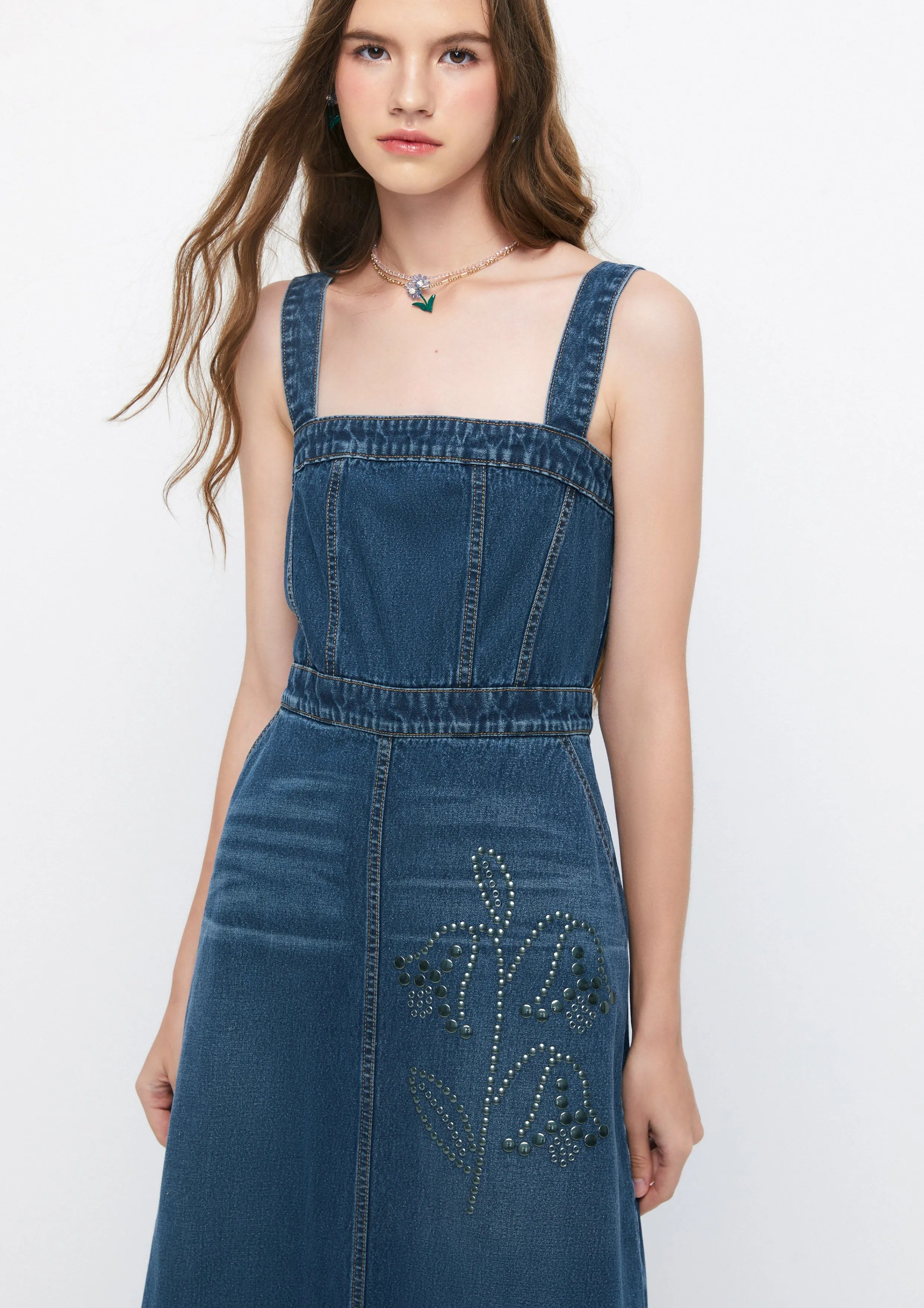 Floral Metallic Stud Denim Midi Dress The Class of 2002 Collection