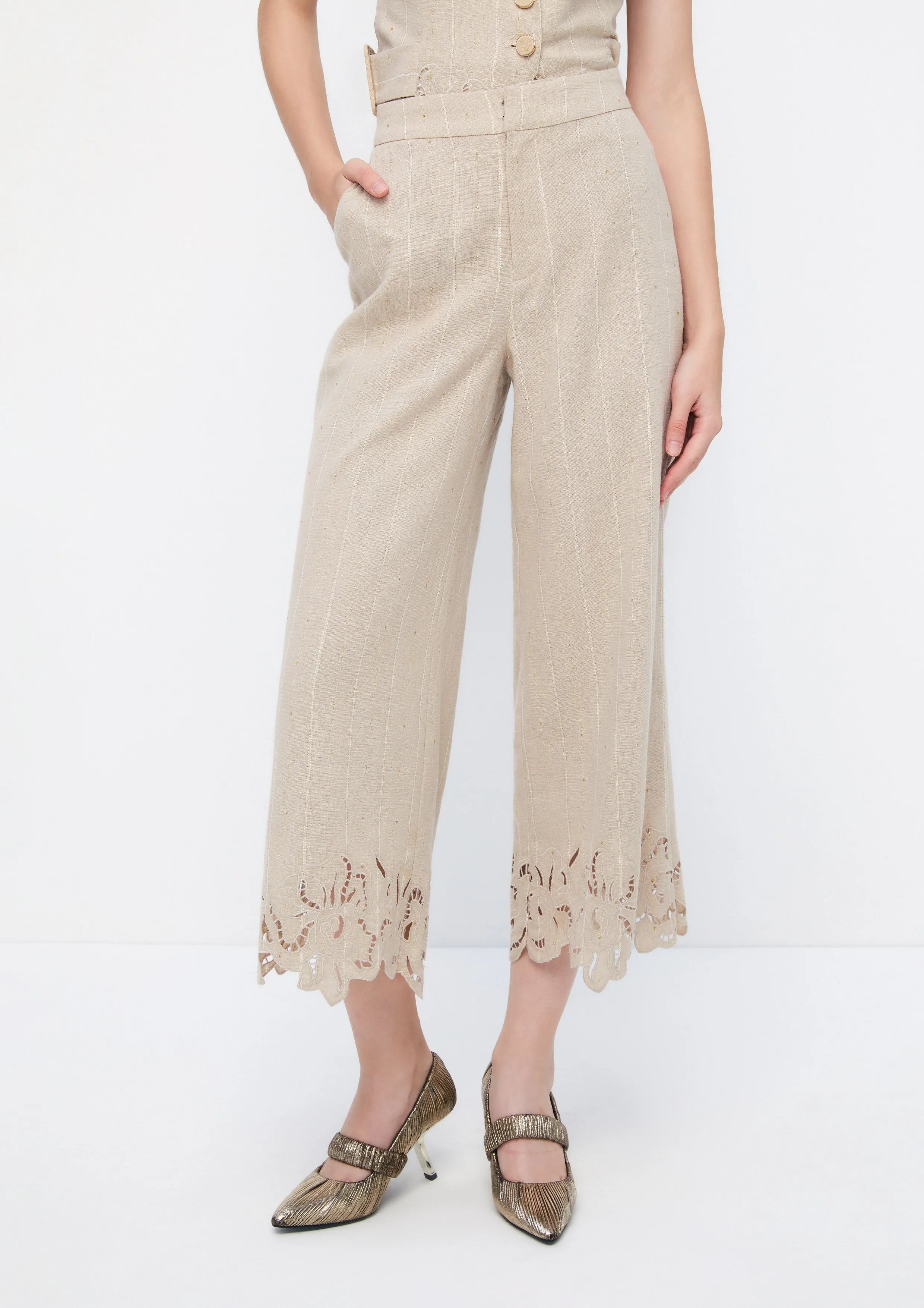 Floral Embroidery Cut-Out Striped Trousers Retro Rewind Collection