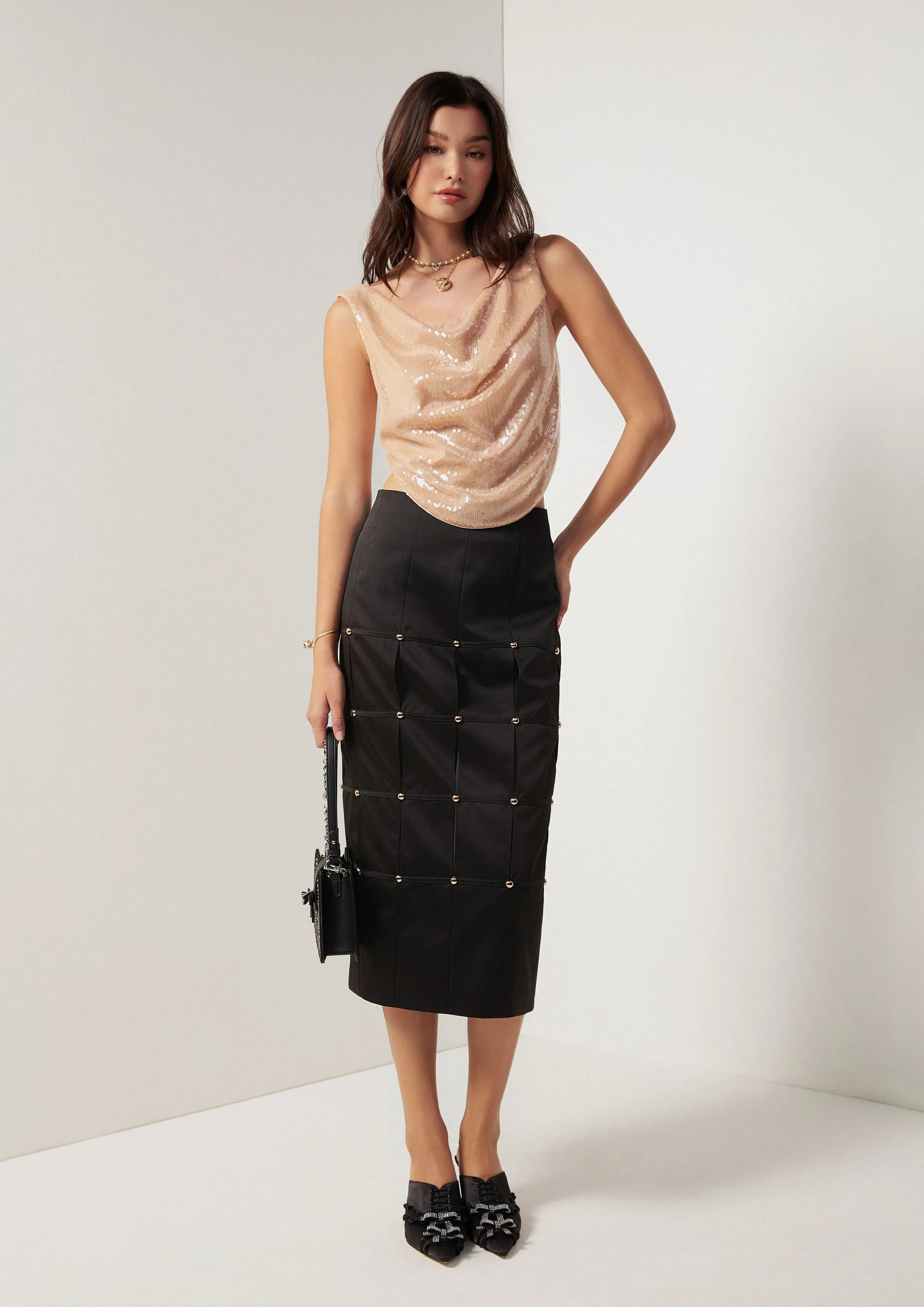 Metallic Studs Pleated Midi Pencil Skirt