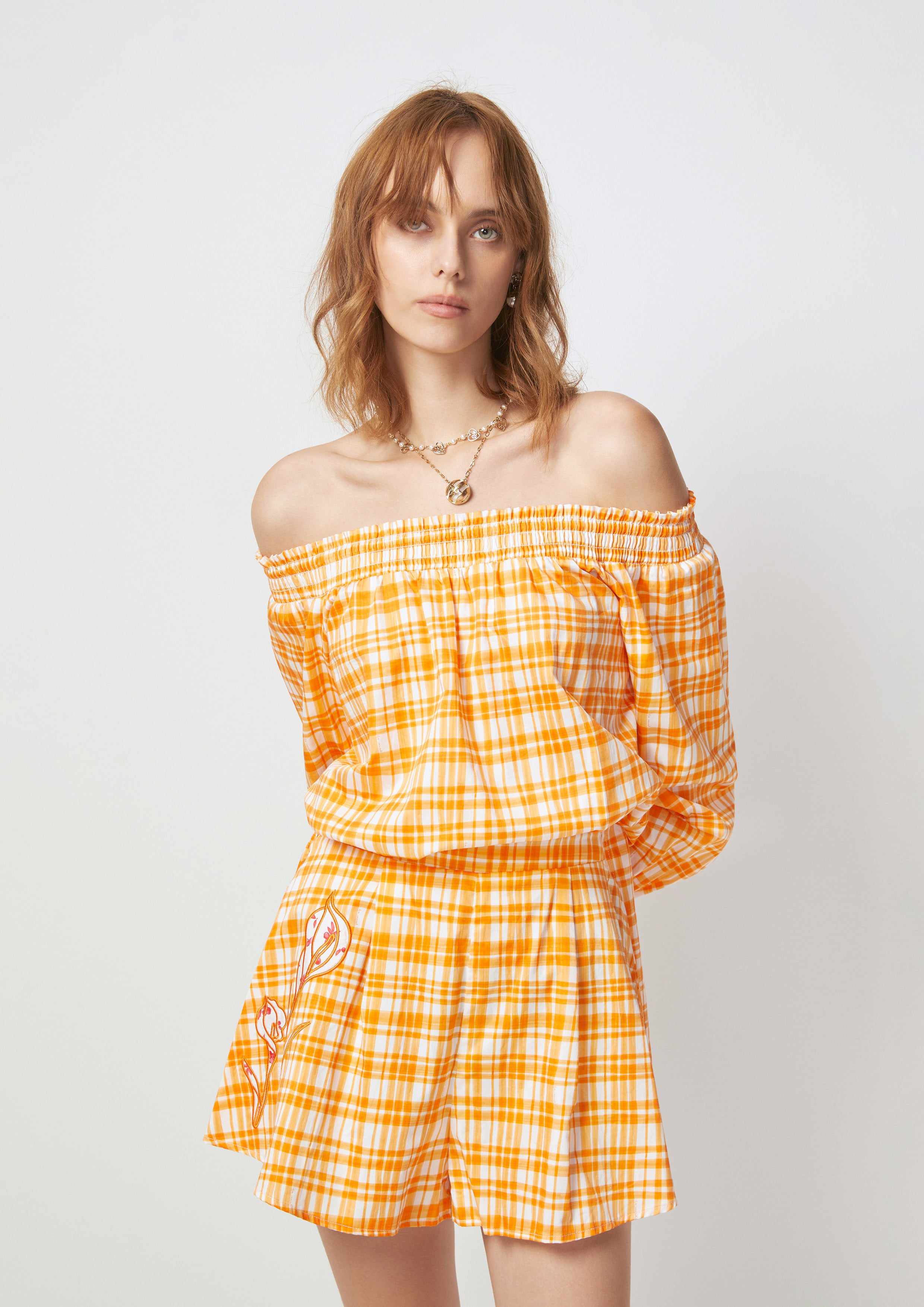 Plaid Off-Shoulder Romper Petals Galore