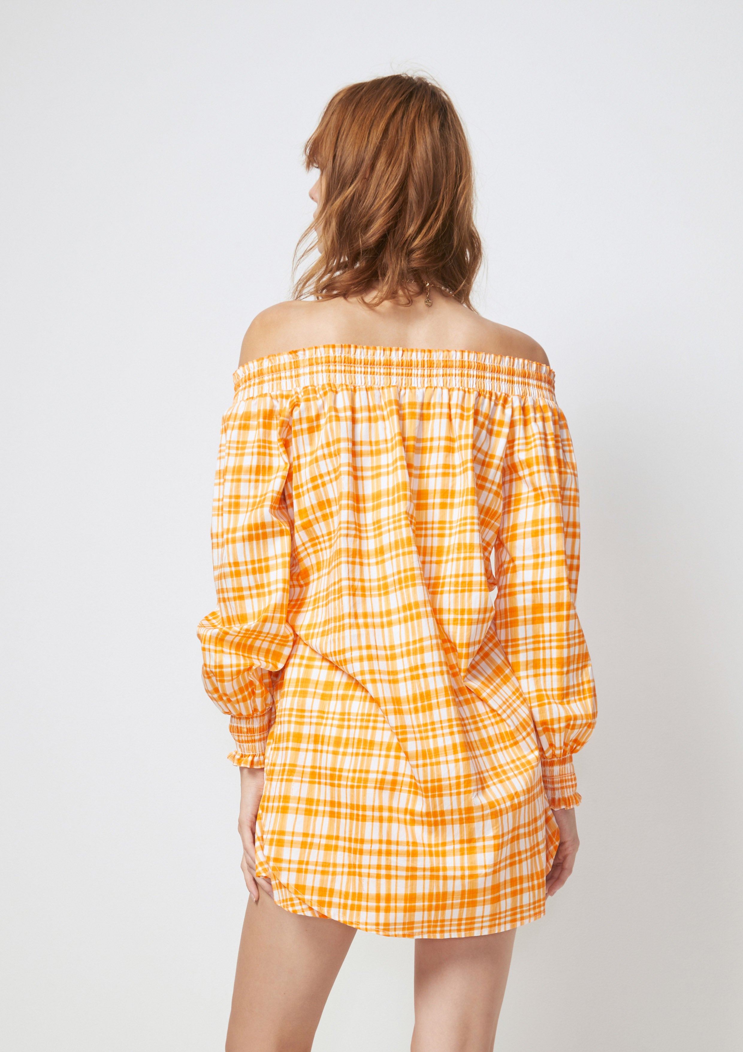 Plaid Off-Shoulder Romper Petals Galore