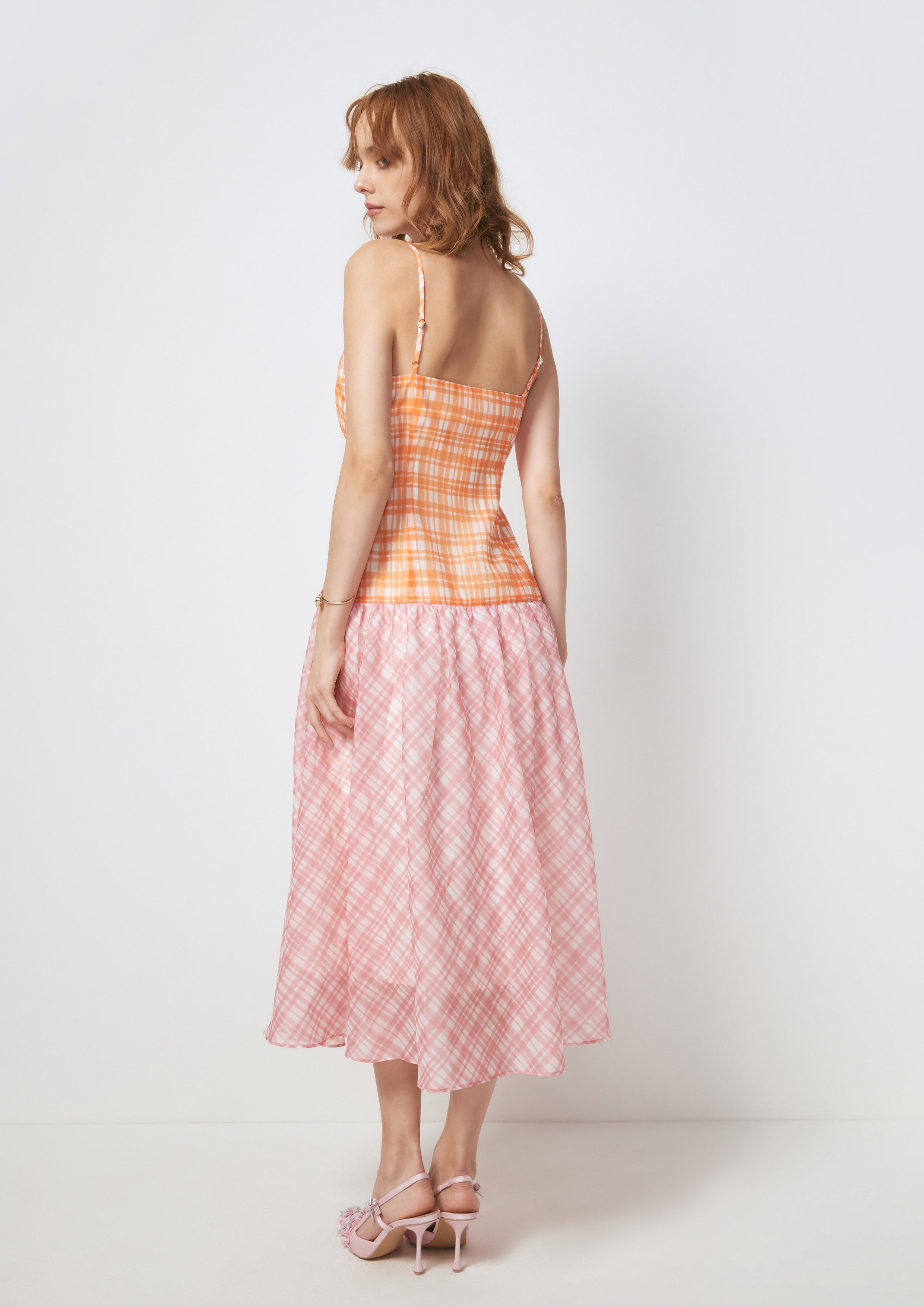 Dual Plaid Tulip Embroidered Midi Slip Dress Petals Galore