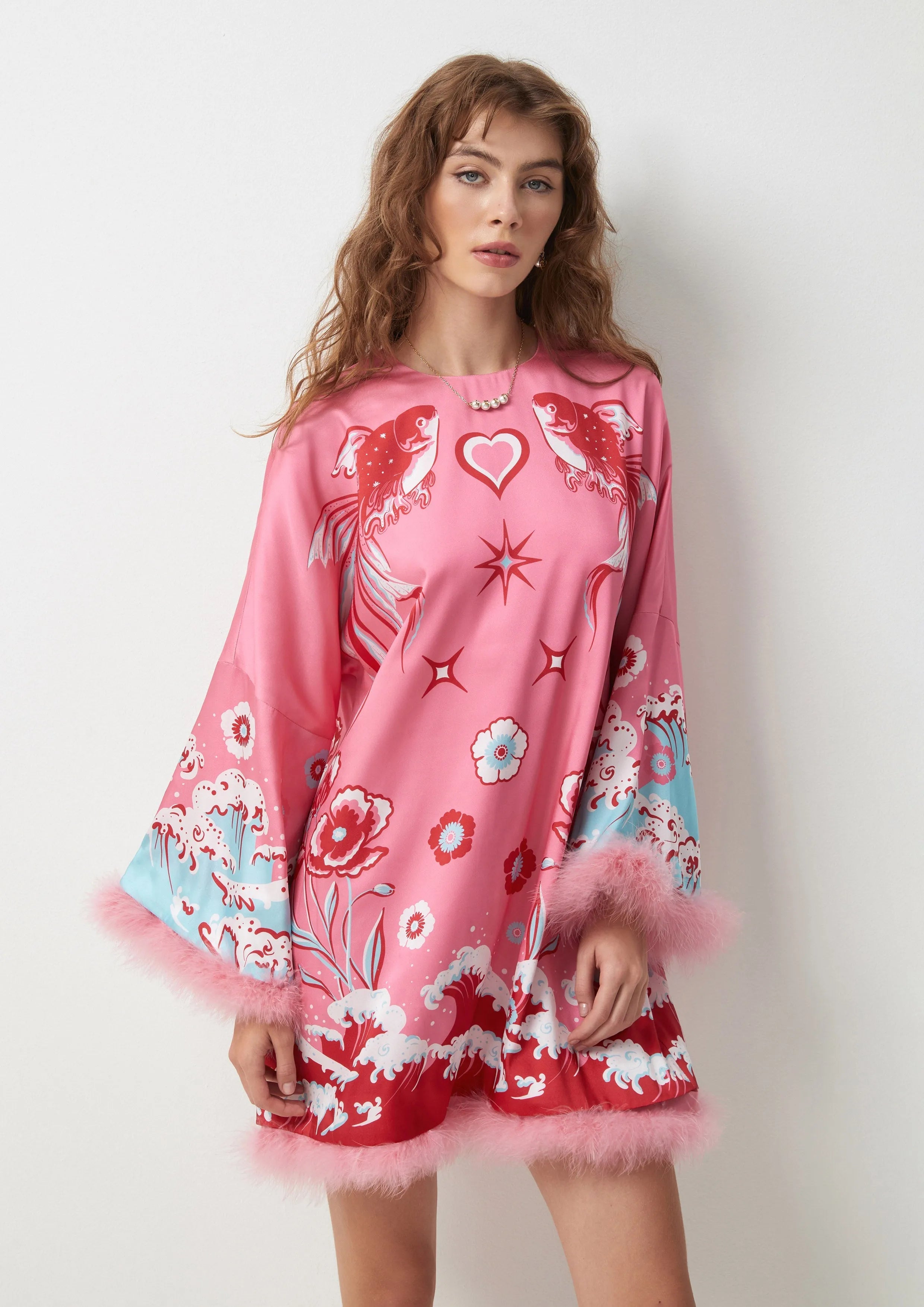 Floral Fur Hem Long Sleeve Mini Dress Symphony of Petals