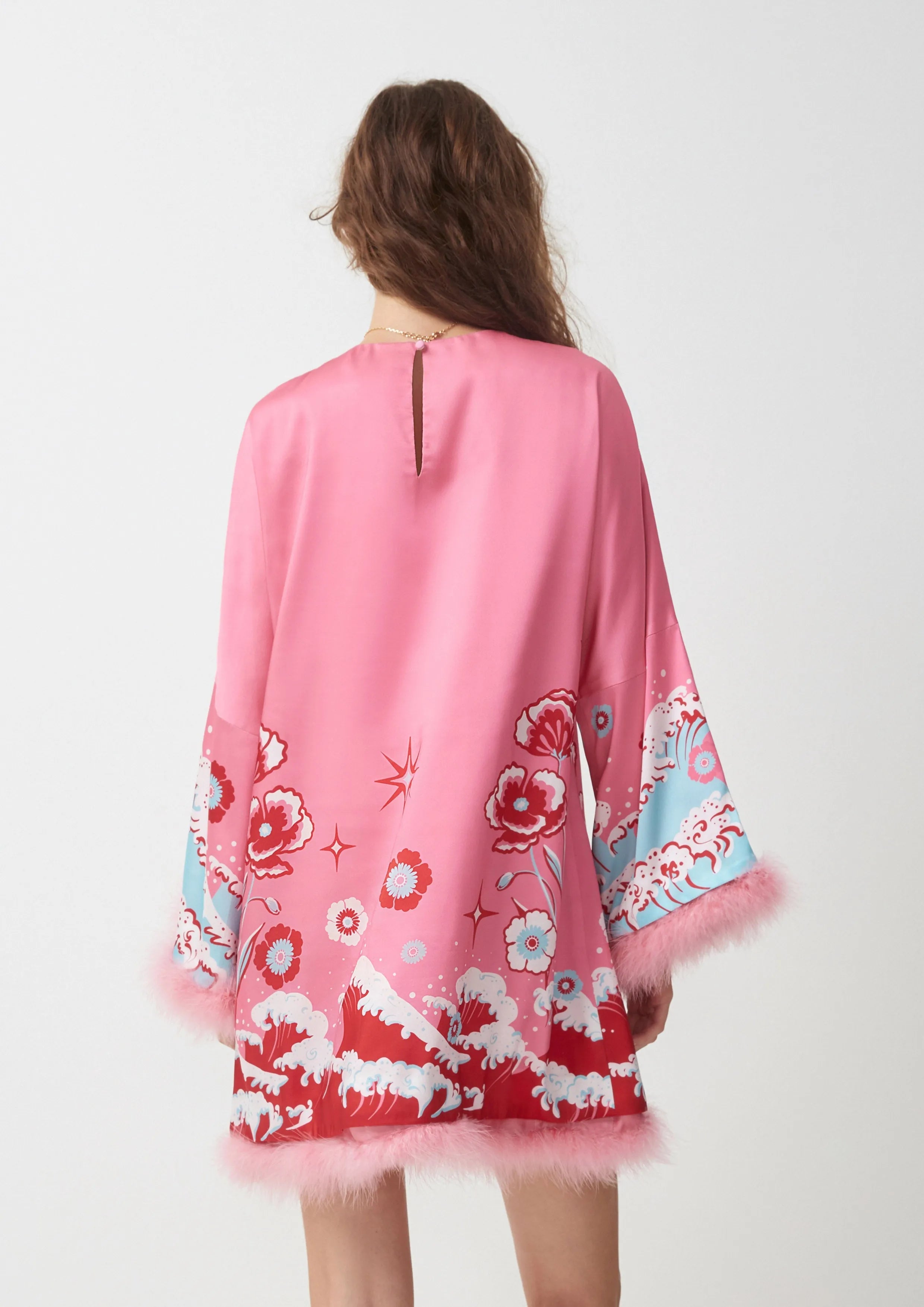 Floral Fur Hem Long Sleeve Mini Dress Symphony of Petals