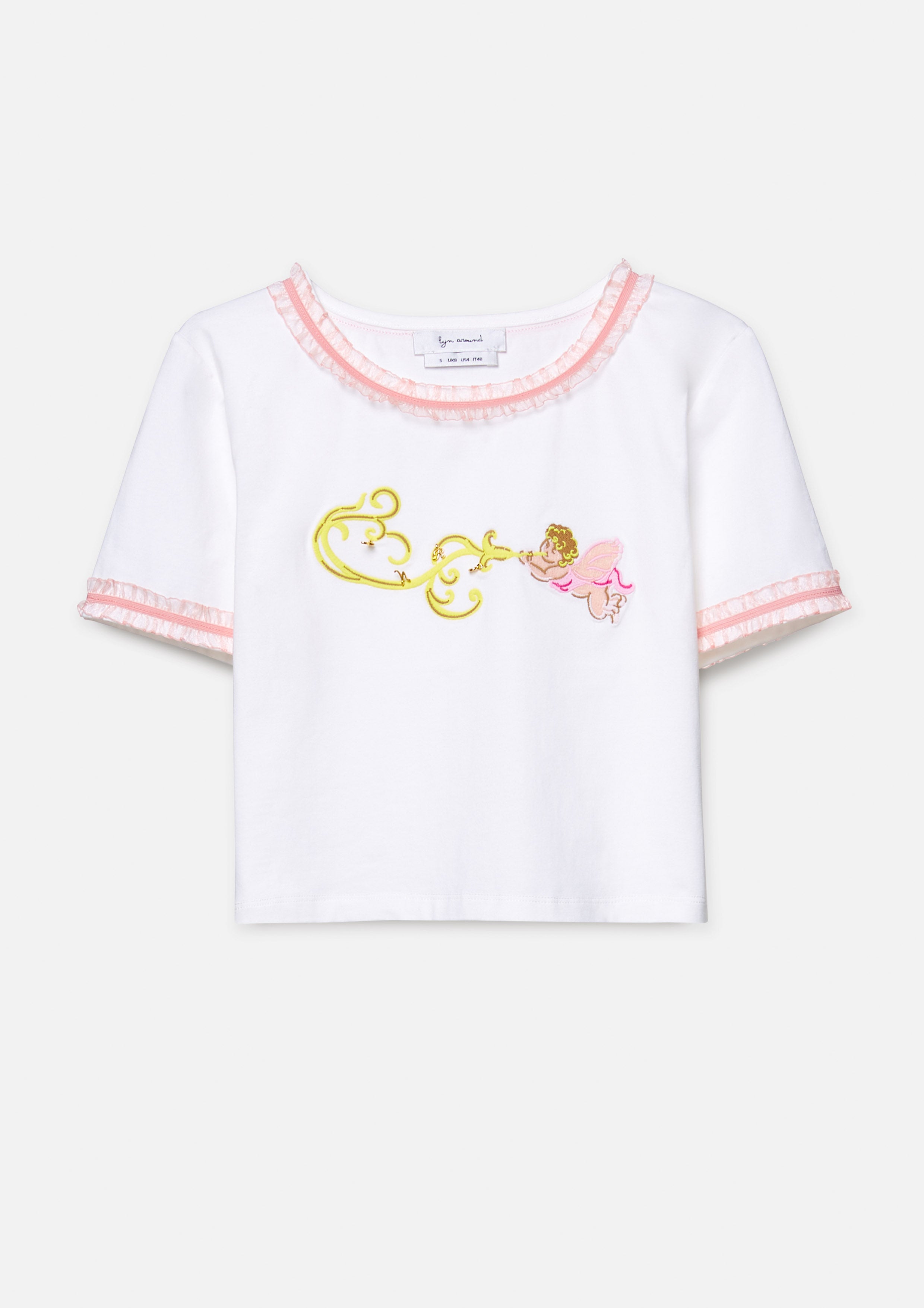 เสื้อครอป ทรงริงเกอร์ แต่งขอบระบาย ลายเครูบ
