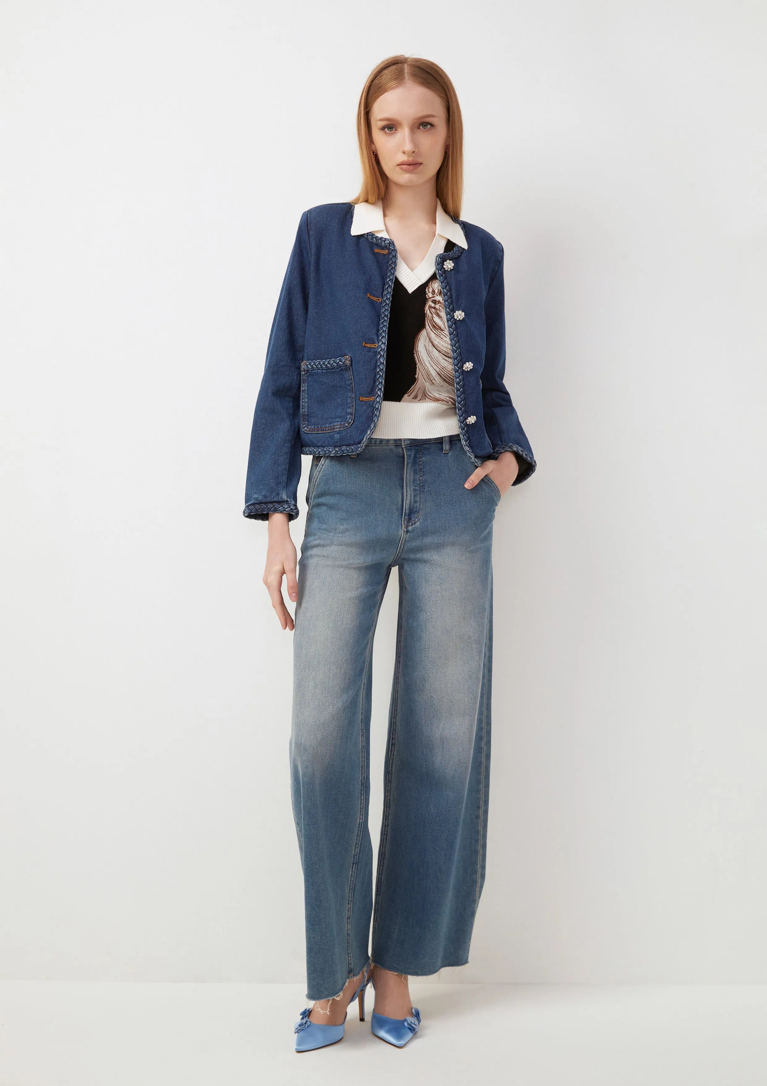 Woven Knit Trim Denim Jacket Cool Girl