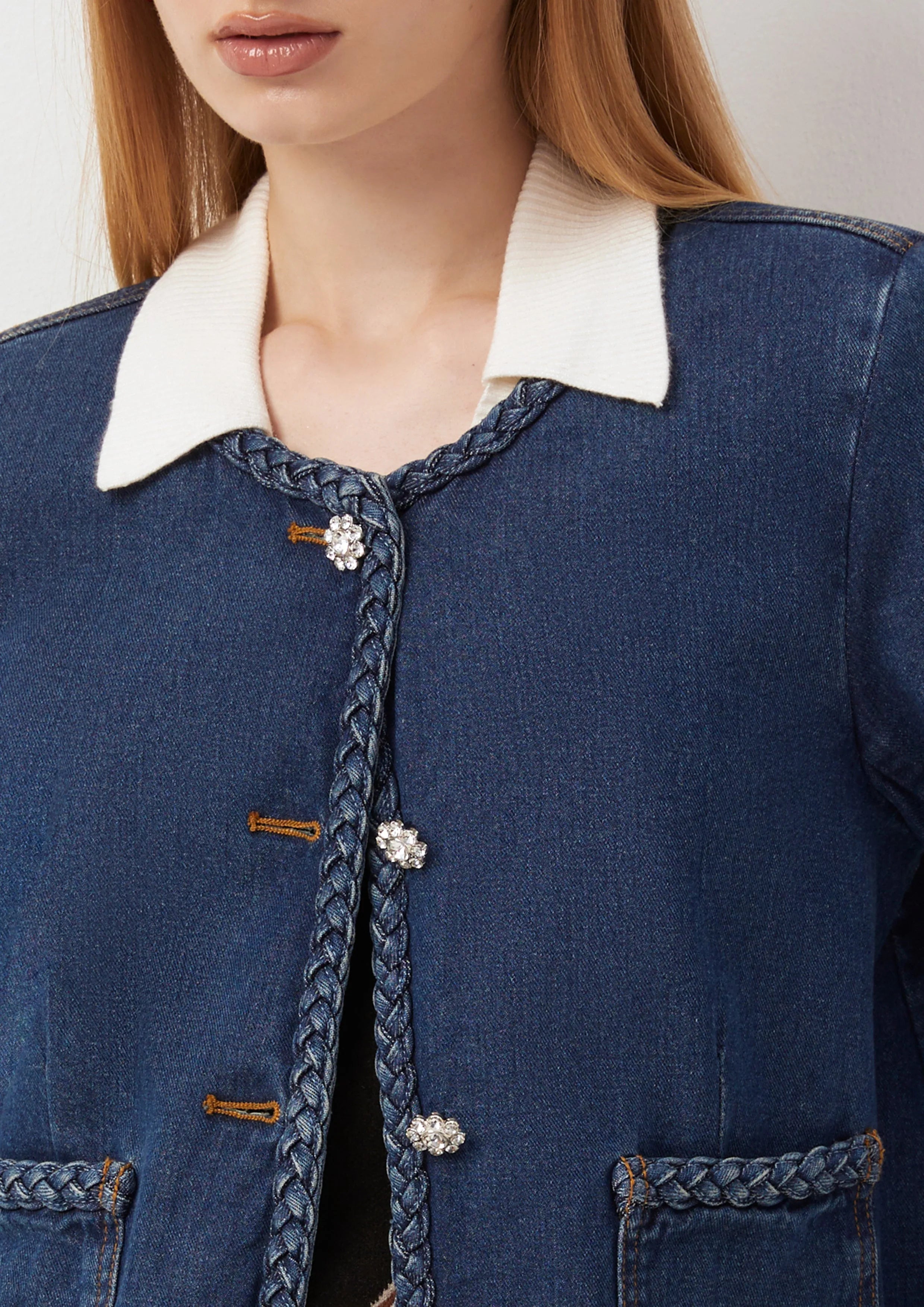 Woven Knit Trim Denim Jacket Cool Girl