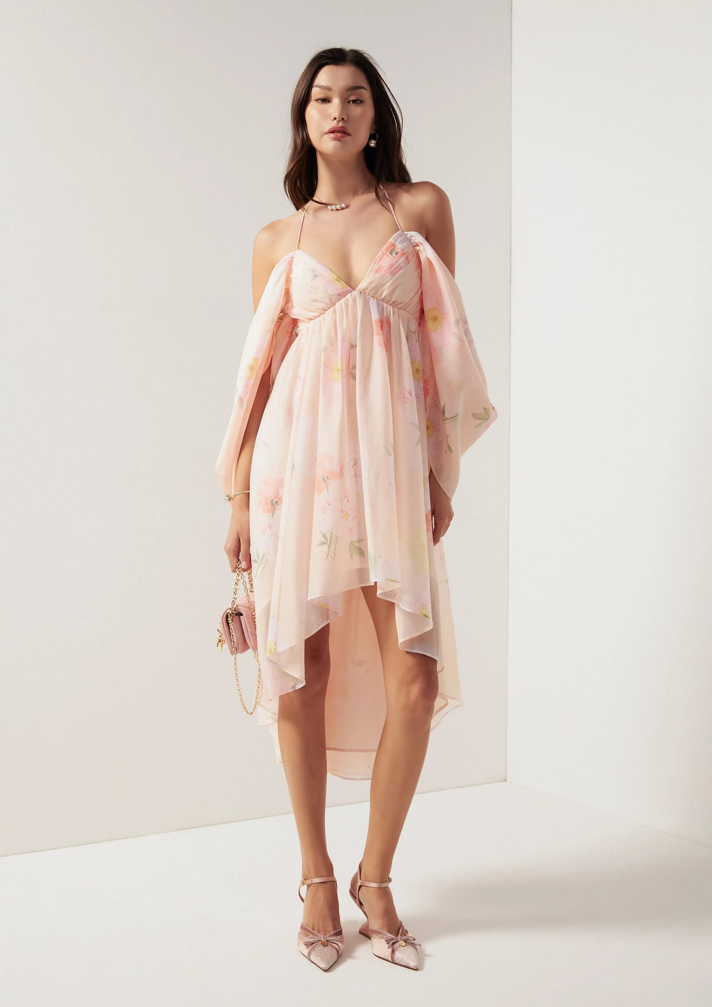Floral High-Low Hem Off-Shoulder Mini Dress