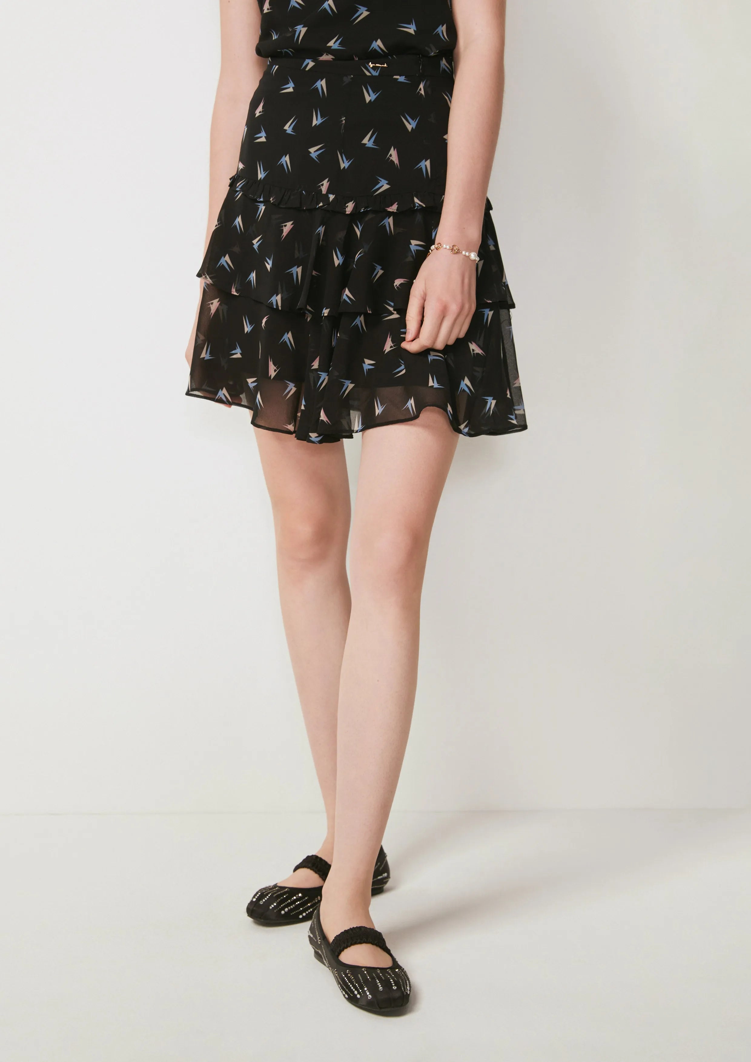Geometric Monogram Tiered Ruffle Mini Skirt La La Land