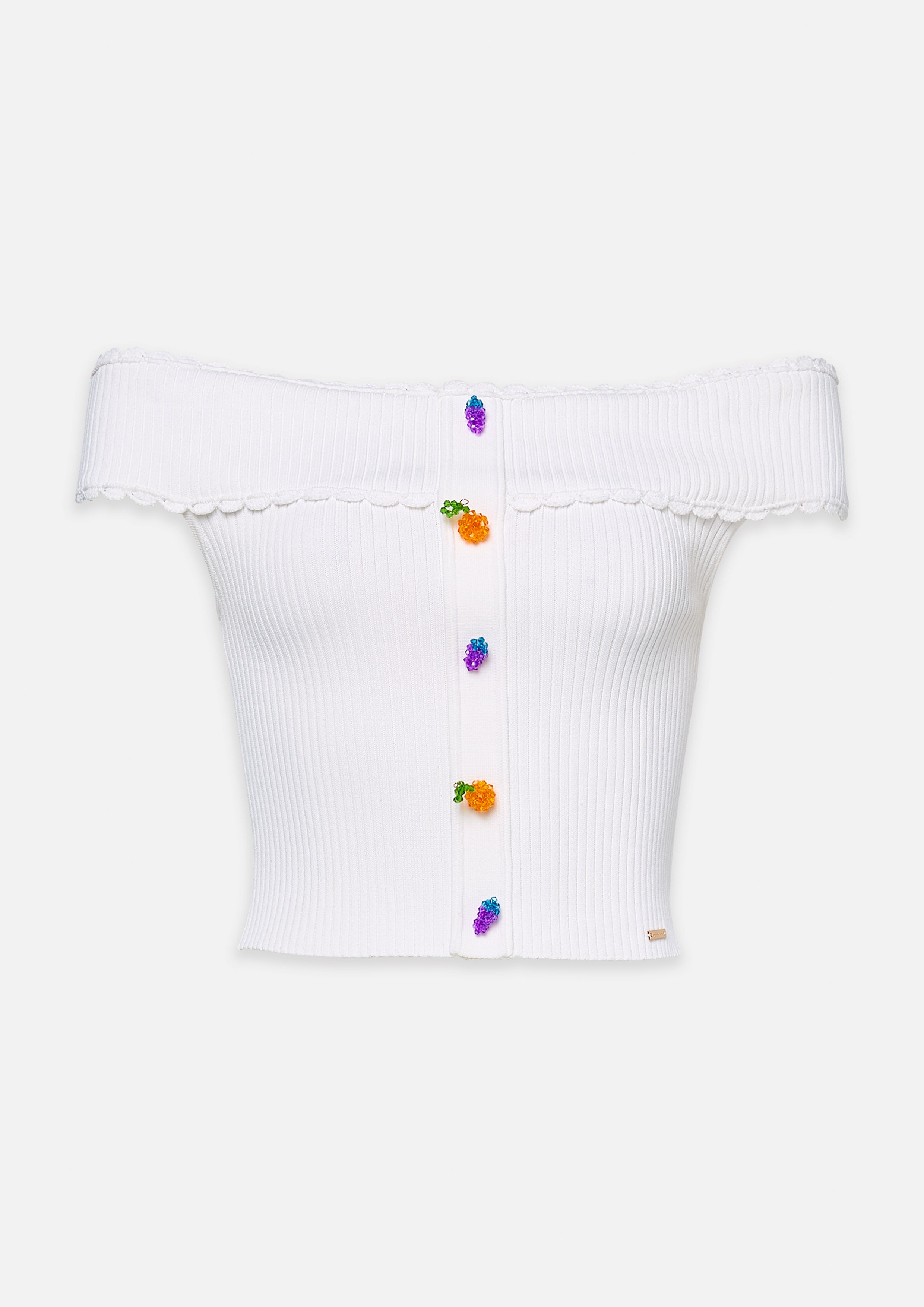 เสื้อเปิดไหล่ ผ้าถัก แต่งกระดุมลูกปัด Fruity Whimsical