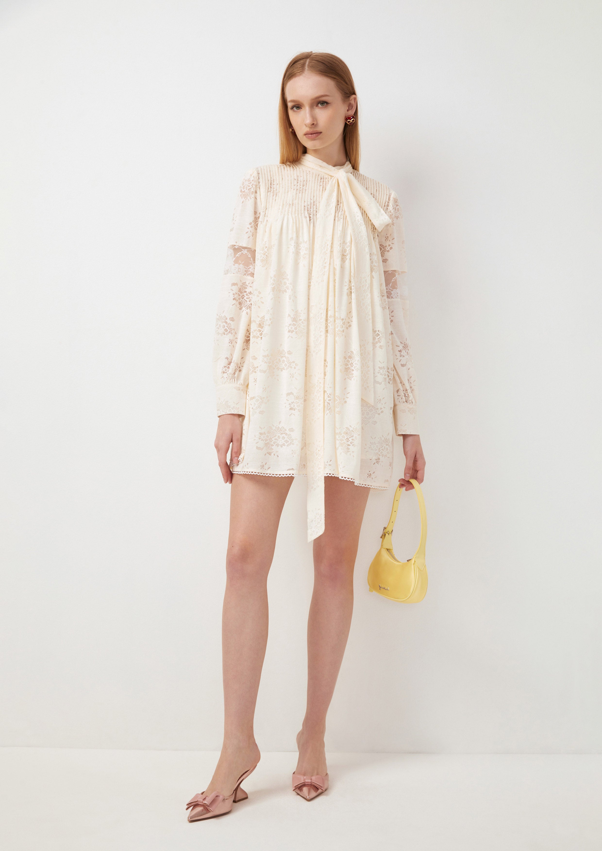 Bow Tie Lace Pleated Long Sleeve Mini Dress Fruity Whimsical Fruity Whimsical