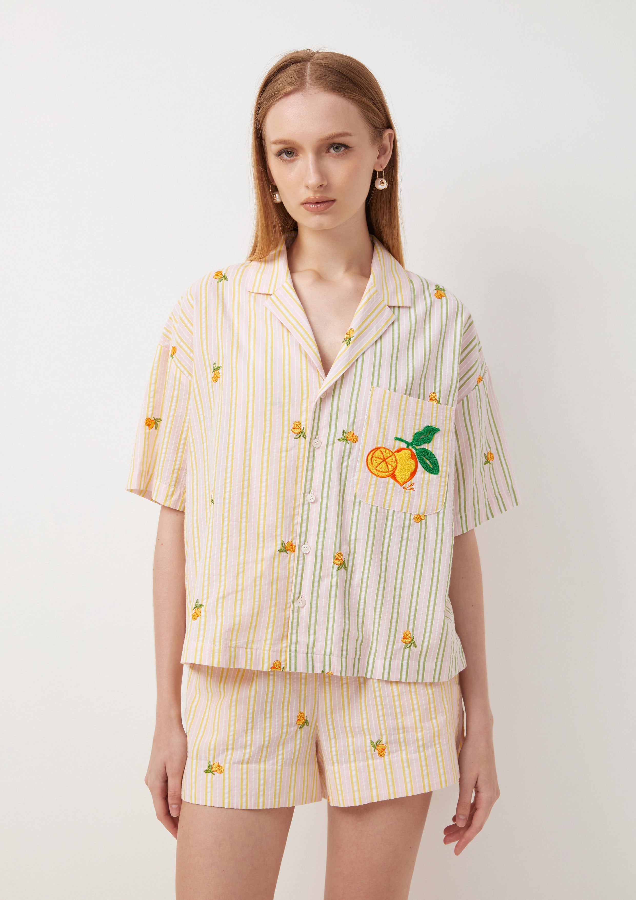 Embroidered Striped Short Sleeve Shirt Fruity Whimsical