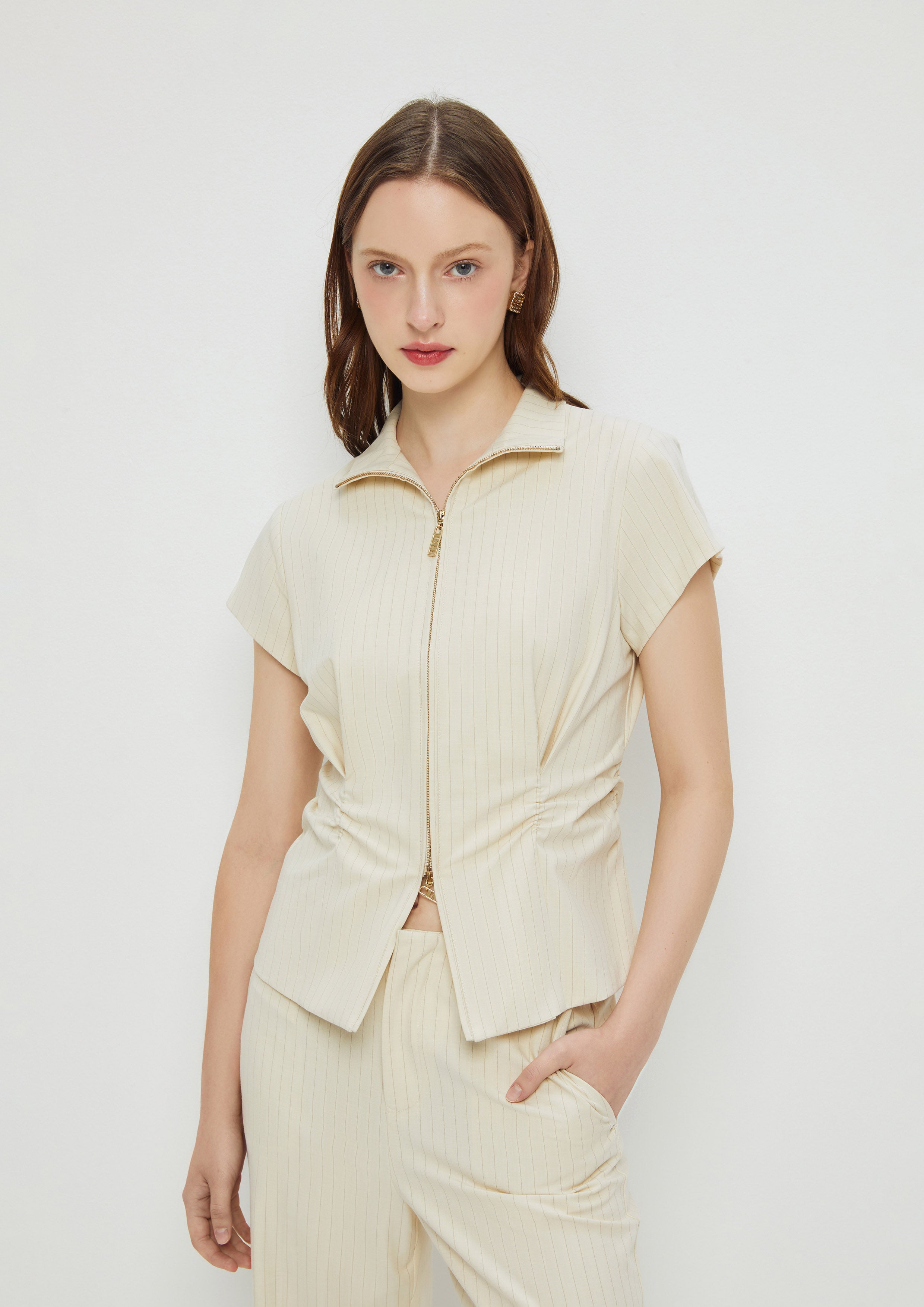 Stripe Short Sleeve Top With Drape Detailing Enchaned Forest