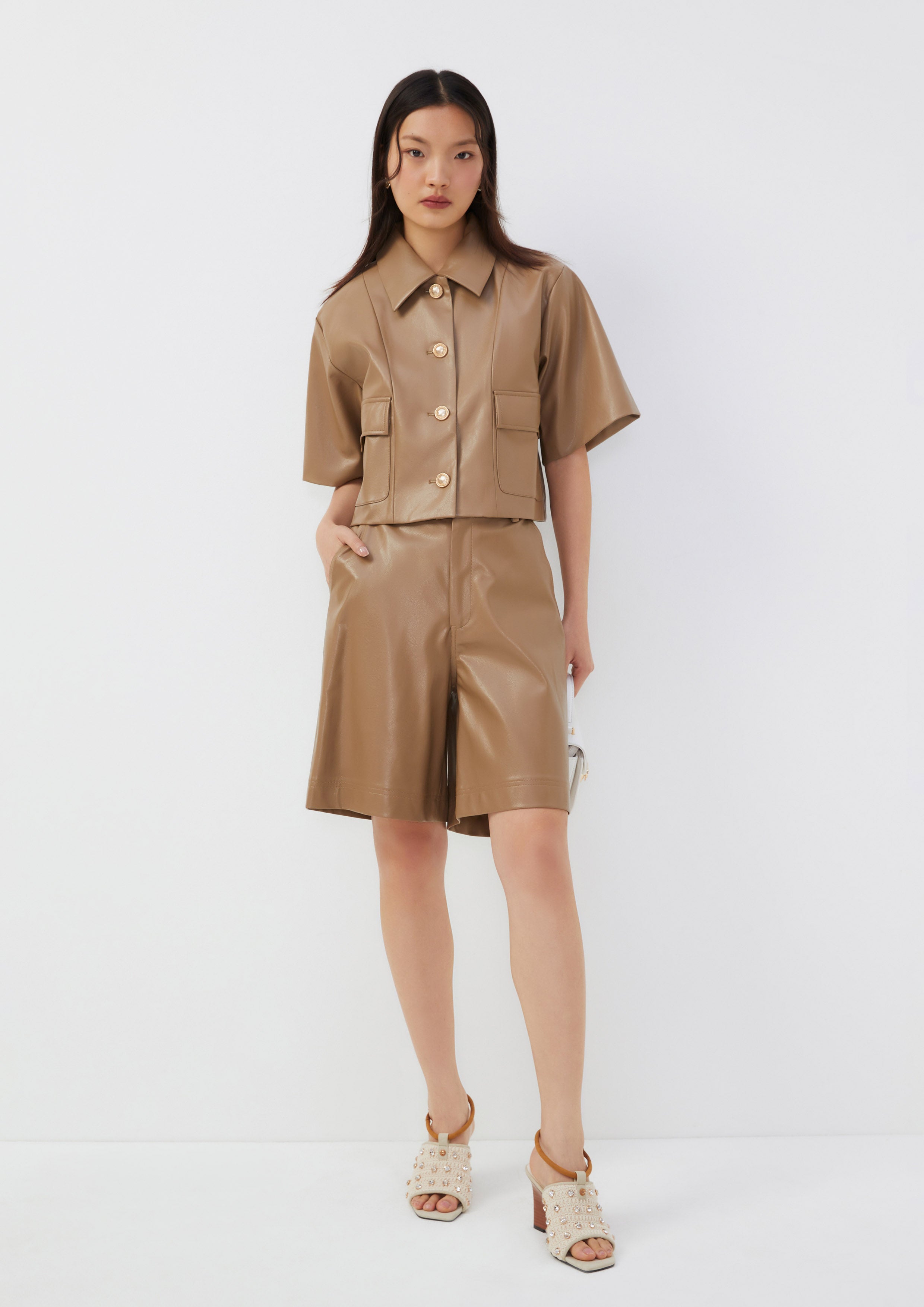 Cropped Faux Leather Shirt Posh Escapade