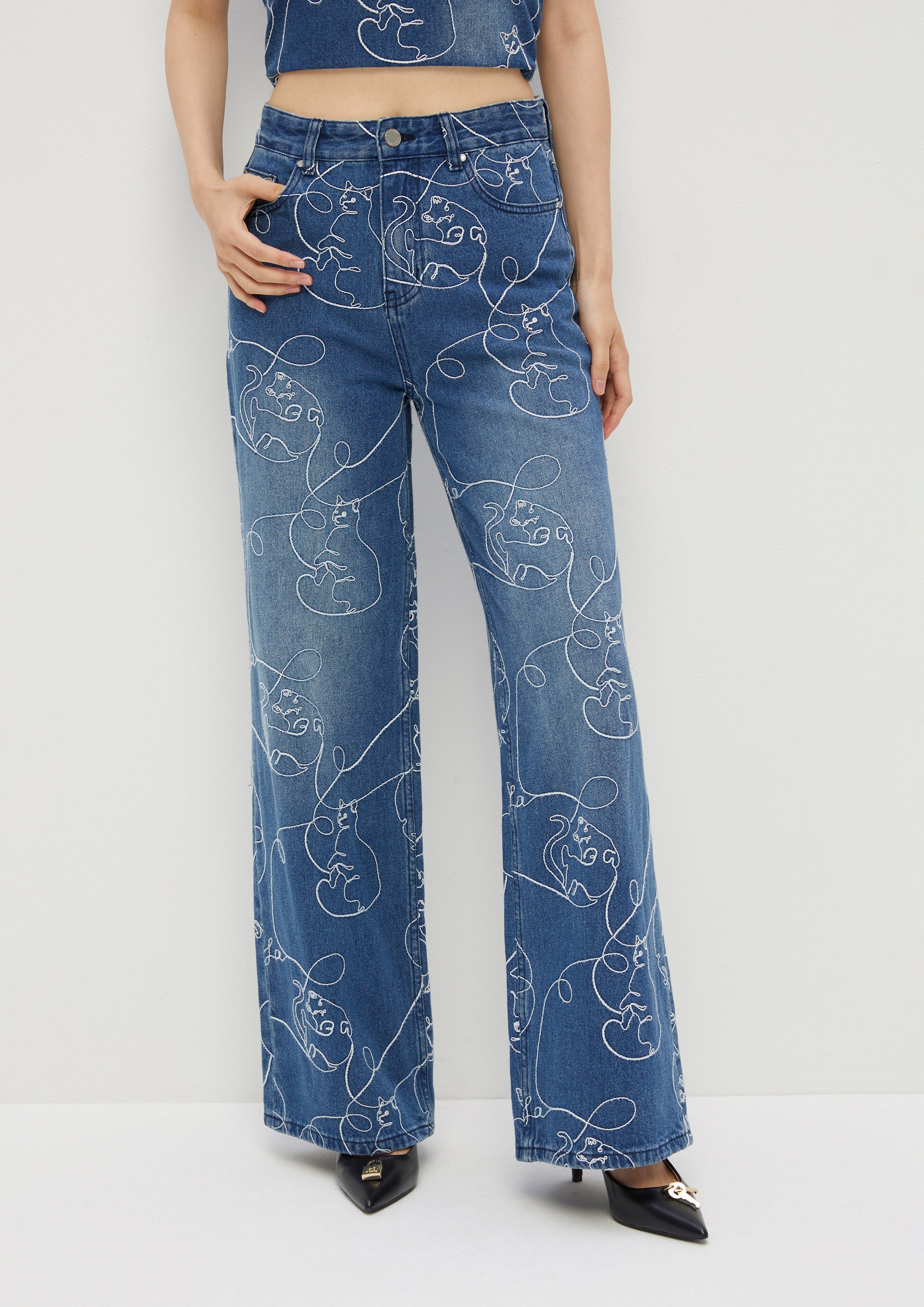 Cat Embroidery Denim Pants The Eyes of Jungle